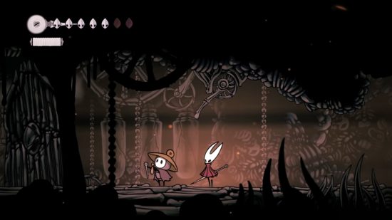 Hollow Knight Silksong: an insect-like creature runs though a dark cave