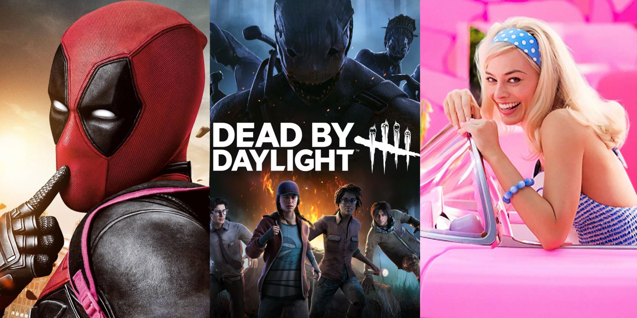 Dead By Daylight logo with a cheeky Deadpool to the left and a giggling Barbie to the right