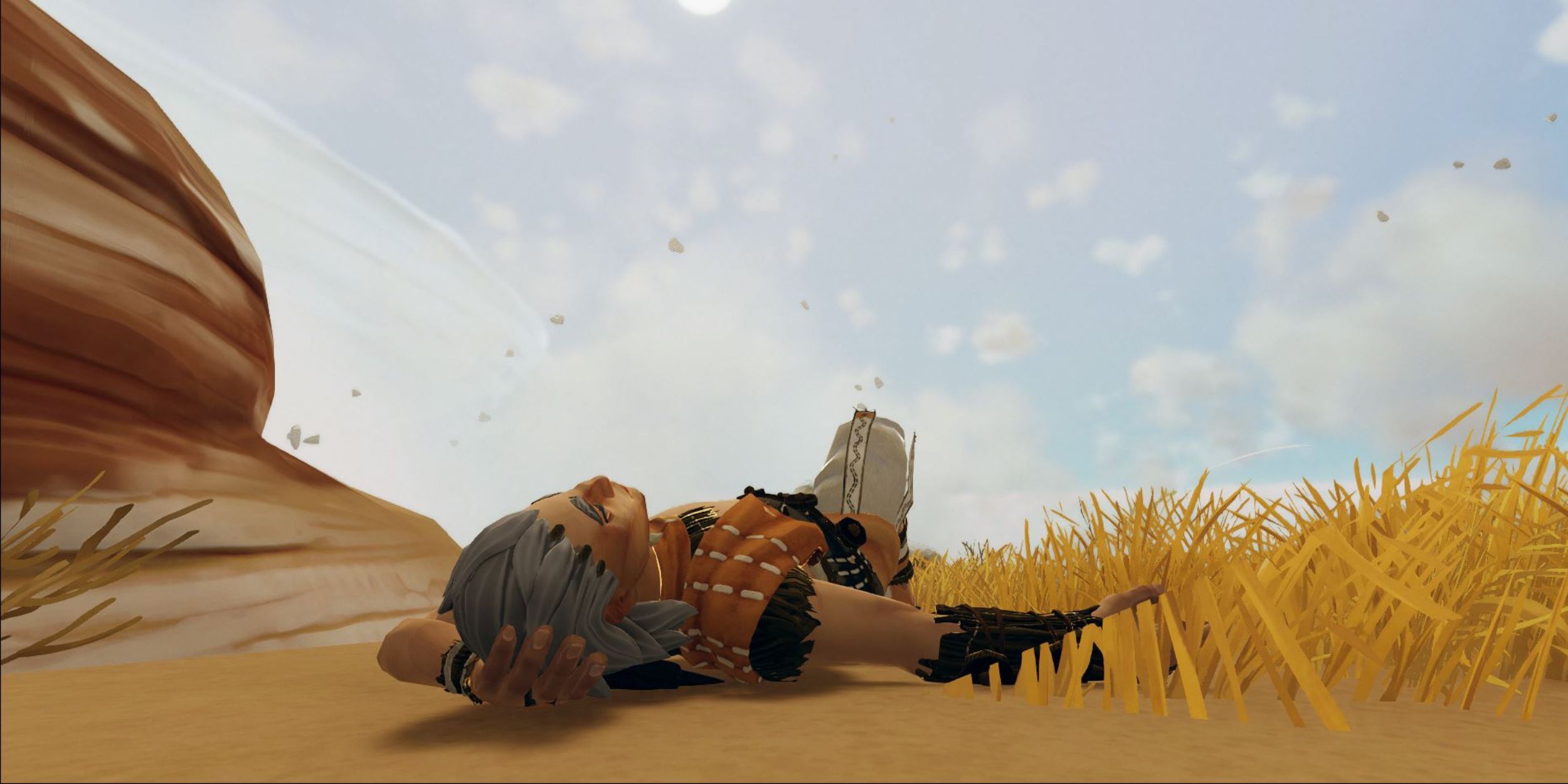 A player lying on the grass in Aloft.