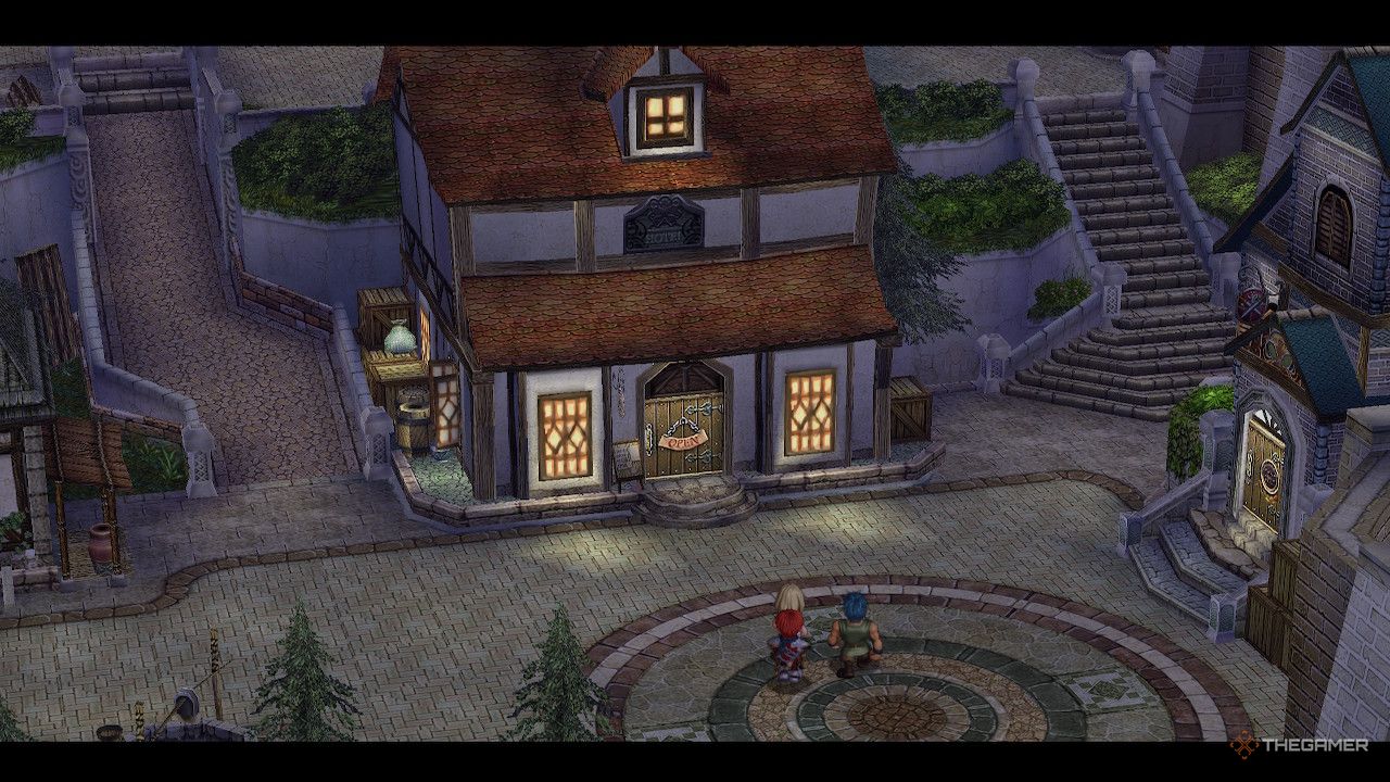 Adol, Elena, and Dogi entering the town of Redmont at night in ys memorie the oath in felghana.