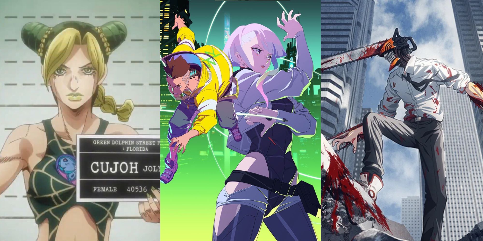 Split image: Stone Ocean, Edgerunners and Chainsaw Man