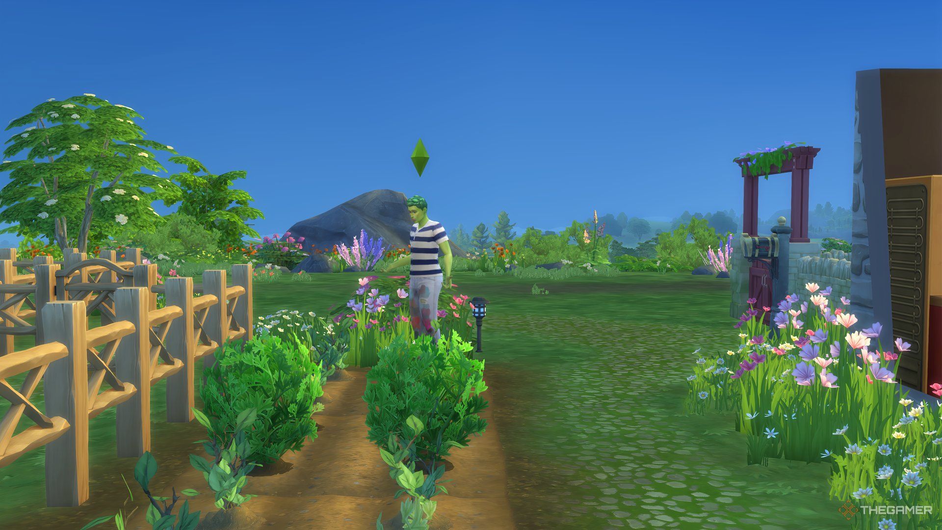 A PlantSim in The Sims 4 is standing in his garden talking to his plants. 