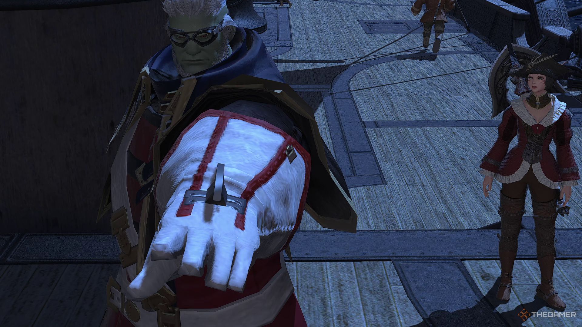 A Roegadyn pointing forward as the Whorleater prepares to face Leviathan in Final Fantasy 14.