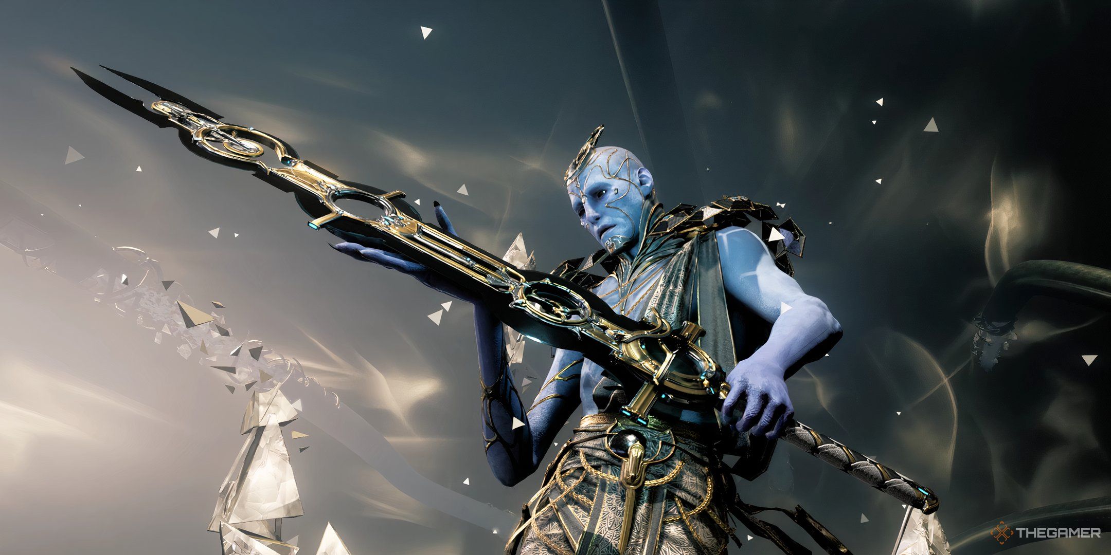 Nihil, with his weapon, the Vitrica, in Warframe.