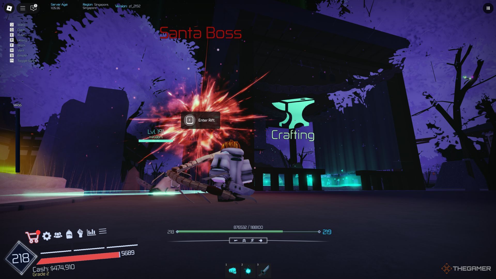 The player character shows the Santa Boss rift next to the crafting station in the main lobby in Jujutsu Infinite.