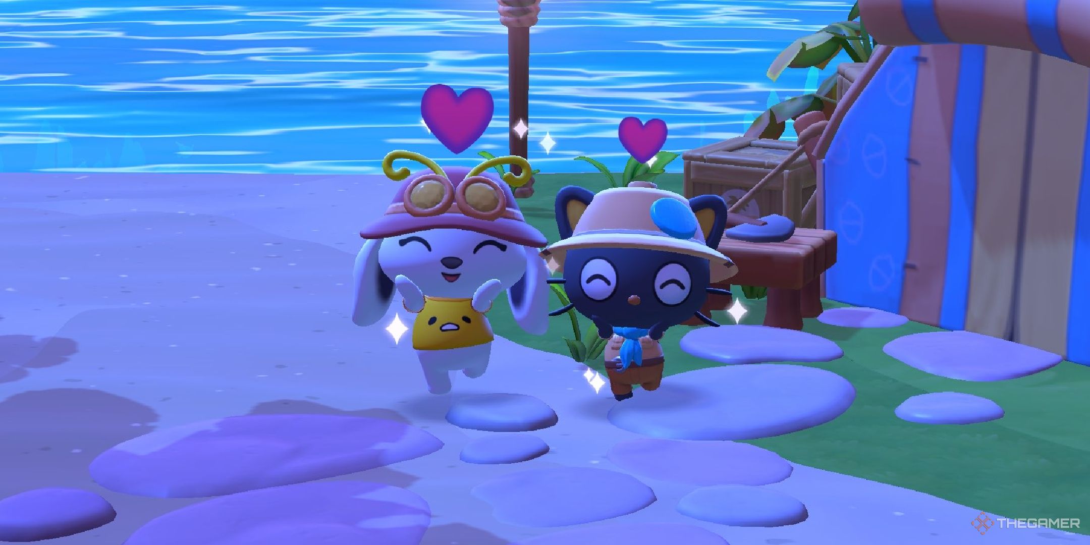 A player posing cutely next to Chococat in Hello Kitty Island Adventure.