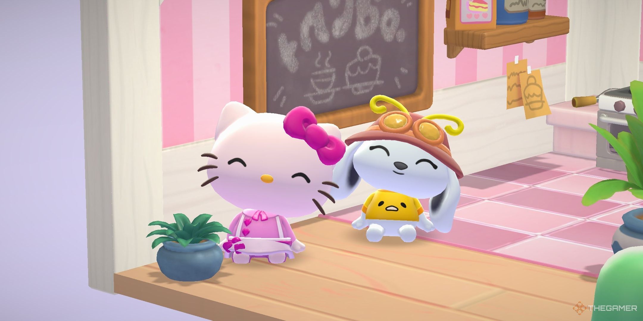 A player smiling next to Hello Kitty in Hello Kitty Island Adventure.