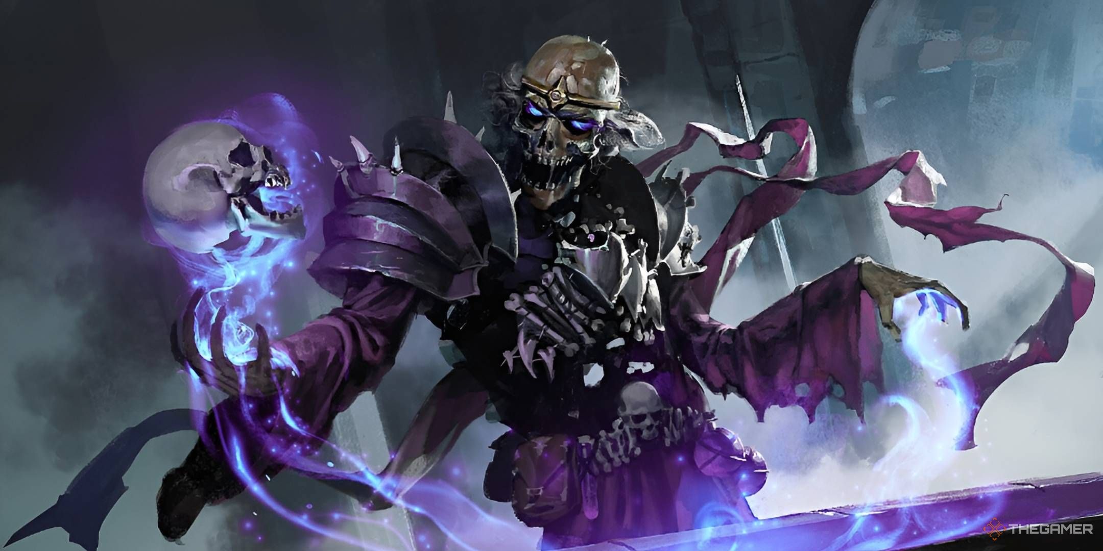 A lich in purple robes looks at the glowing skull in his right hand while casting a spell with the left.