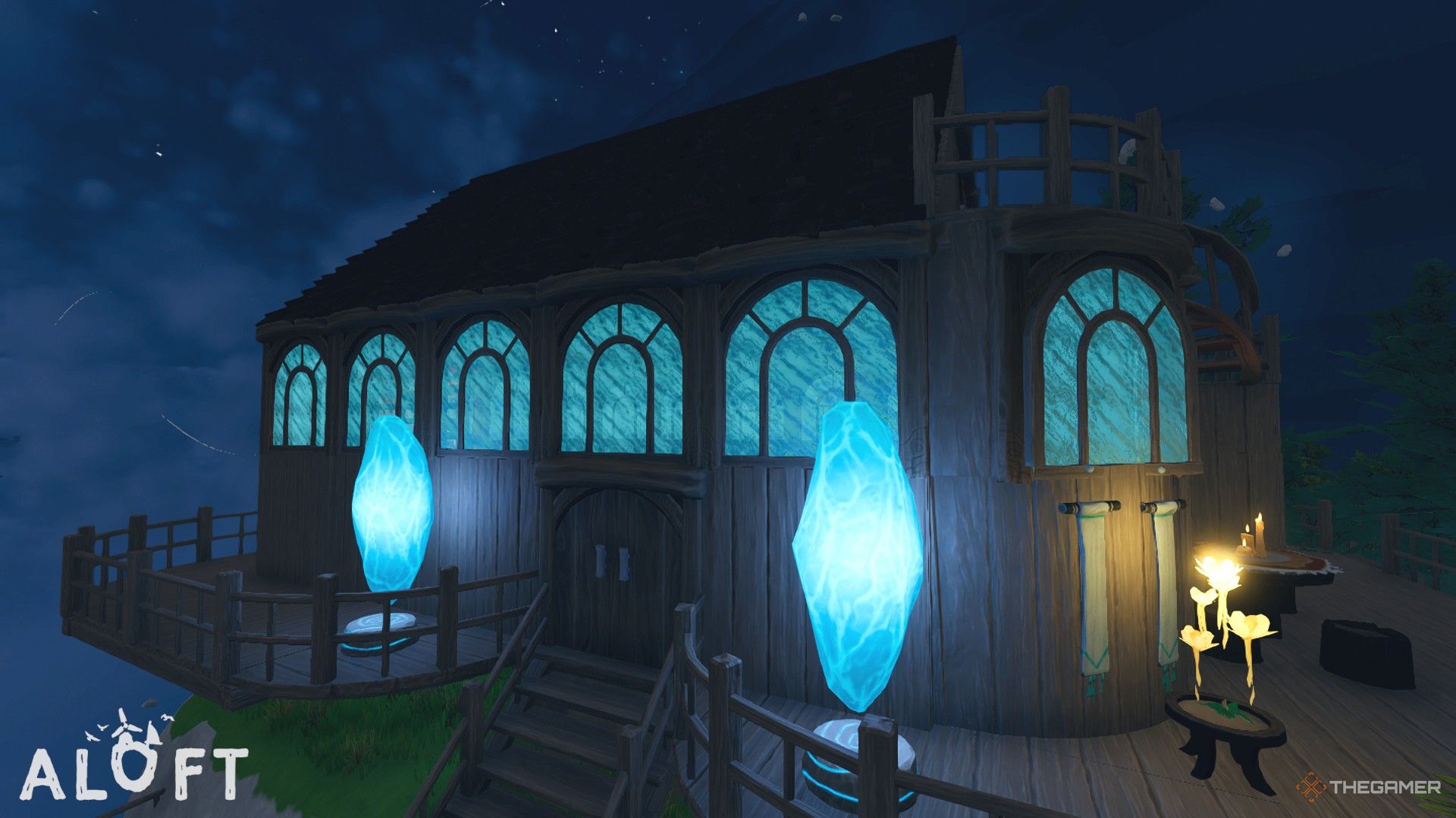 The outside of a house at night in Aloft.