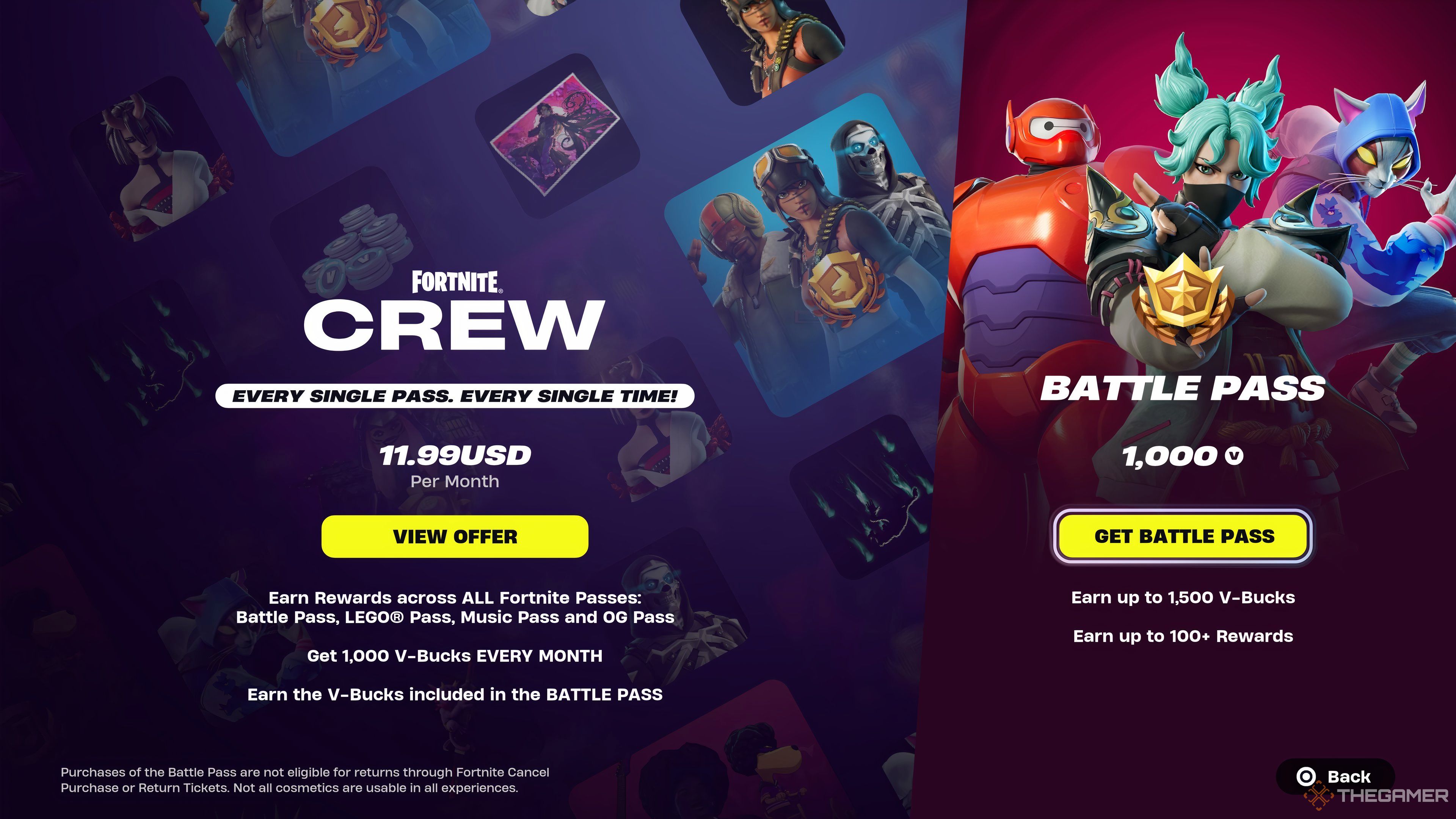 A split image of the Fortnite Crew subscription pass and the normal battle pass in Fortnite.