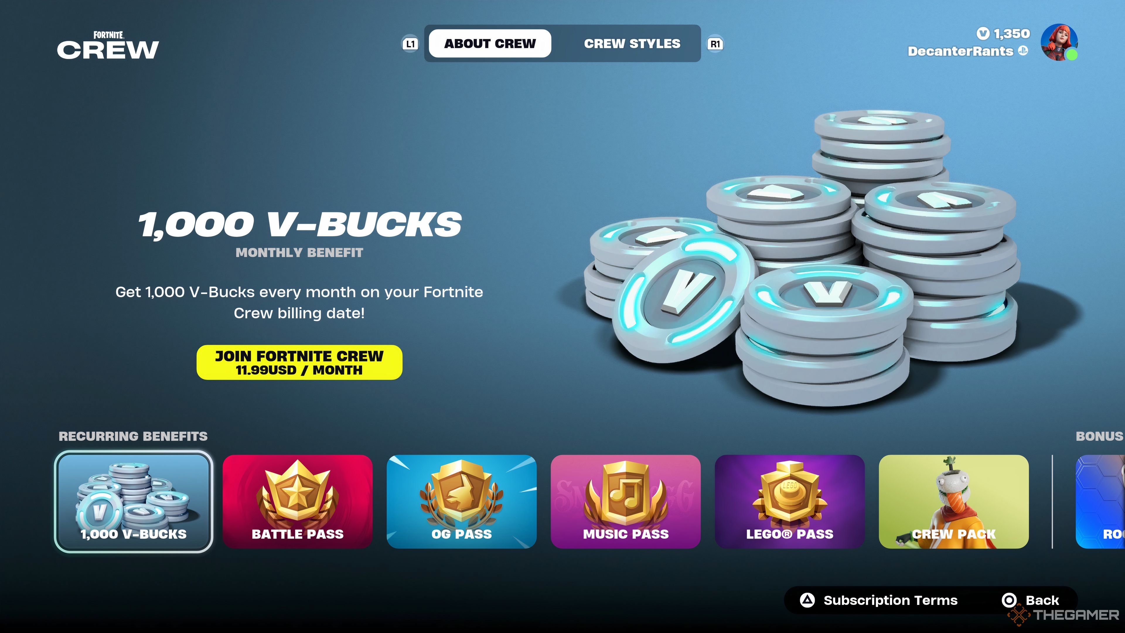 A Fortnite V-Bucks screen with 1,000 v-bucks. 