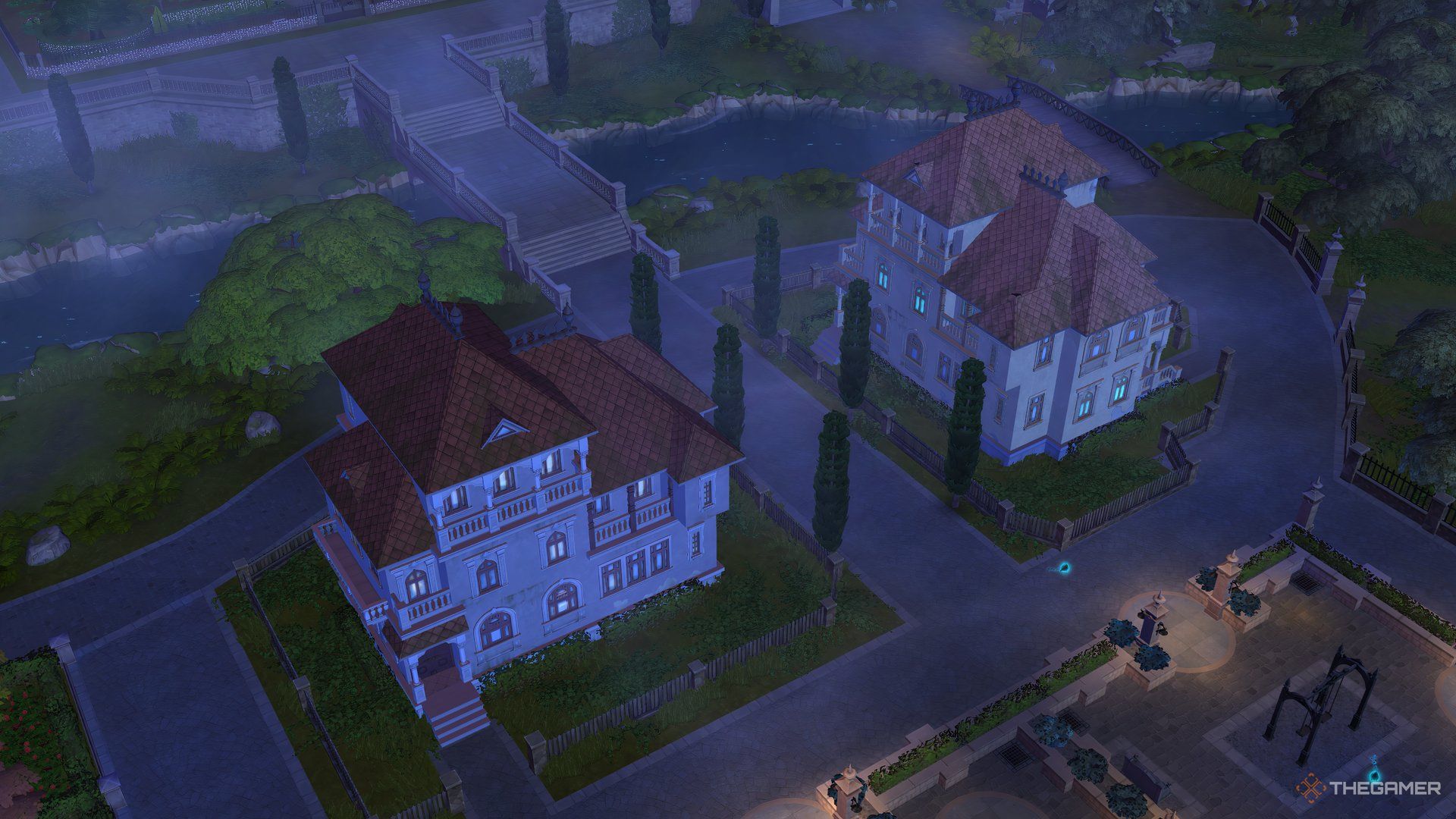 An overhead shot of the Golden Oldies Houses in the dark. They’re old buildings with glowing windows