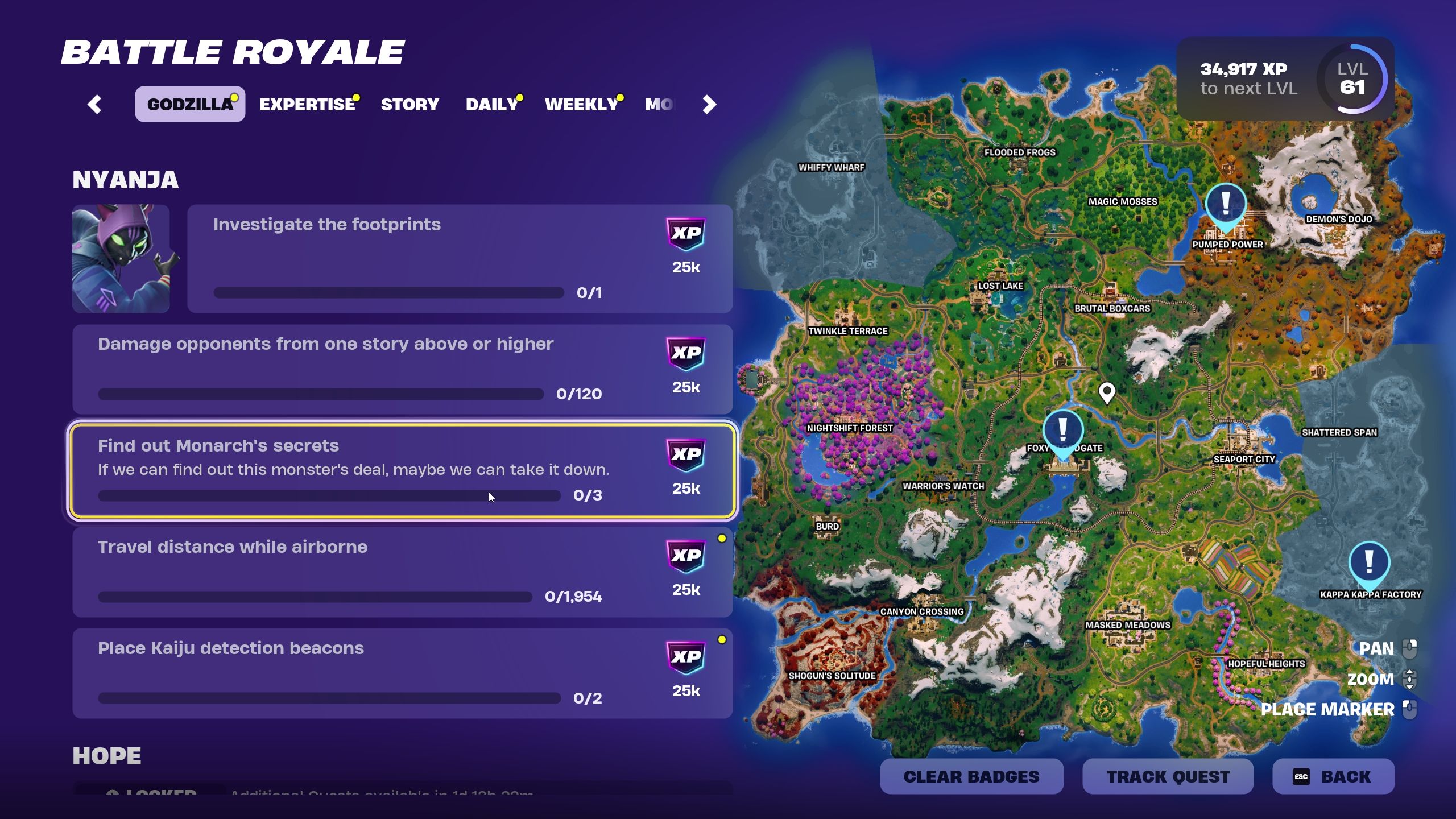 Find Monarch's Secrets mission and the map with markers of three locations - Fortnite