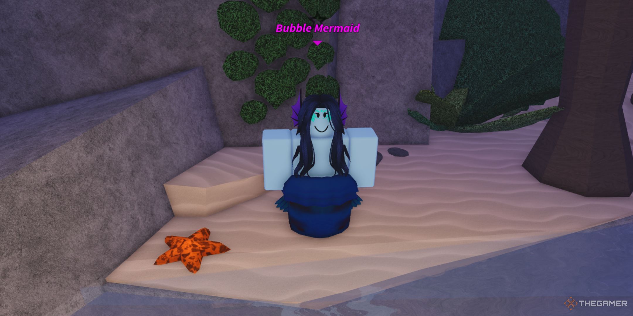 The player character shows Bubble Mermaid NPC at the Grand Reef in Fisch.