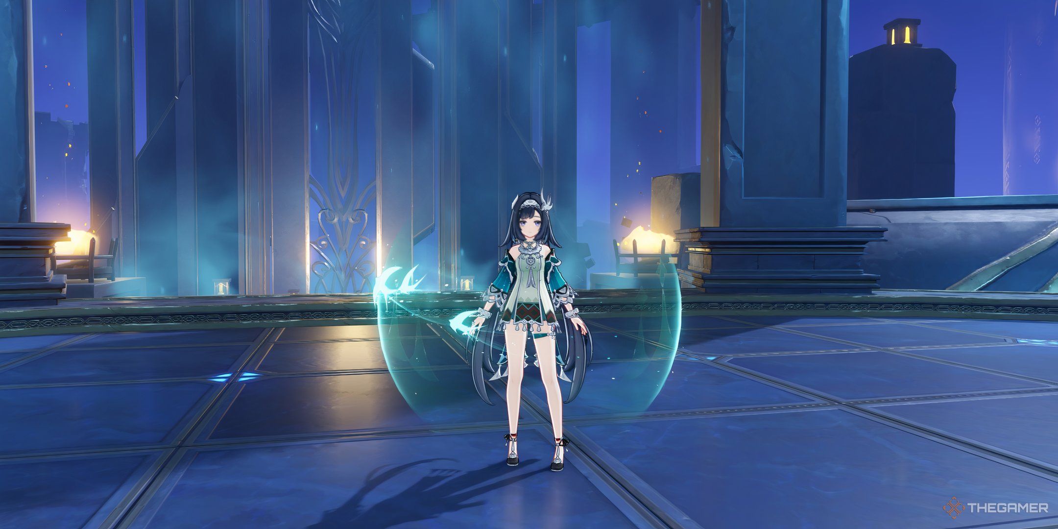 Lan Yan with her shield activated in Genshin Impact.