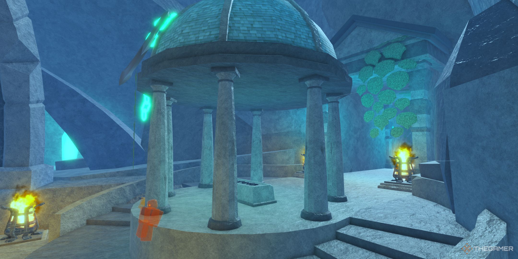 The player character shows a small chapel and a stone slab with black symbols in Atlantis in Fisch.