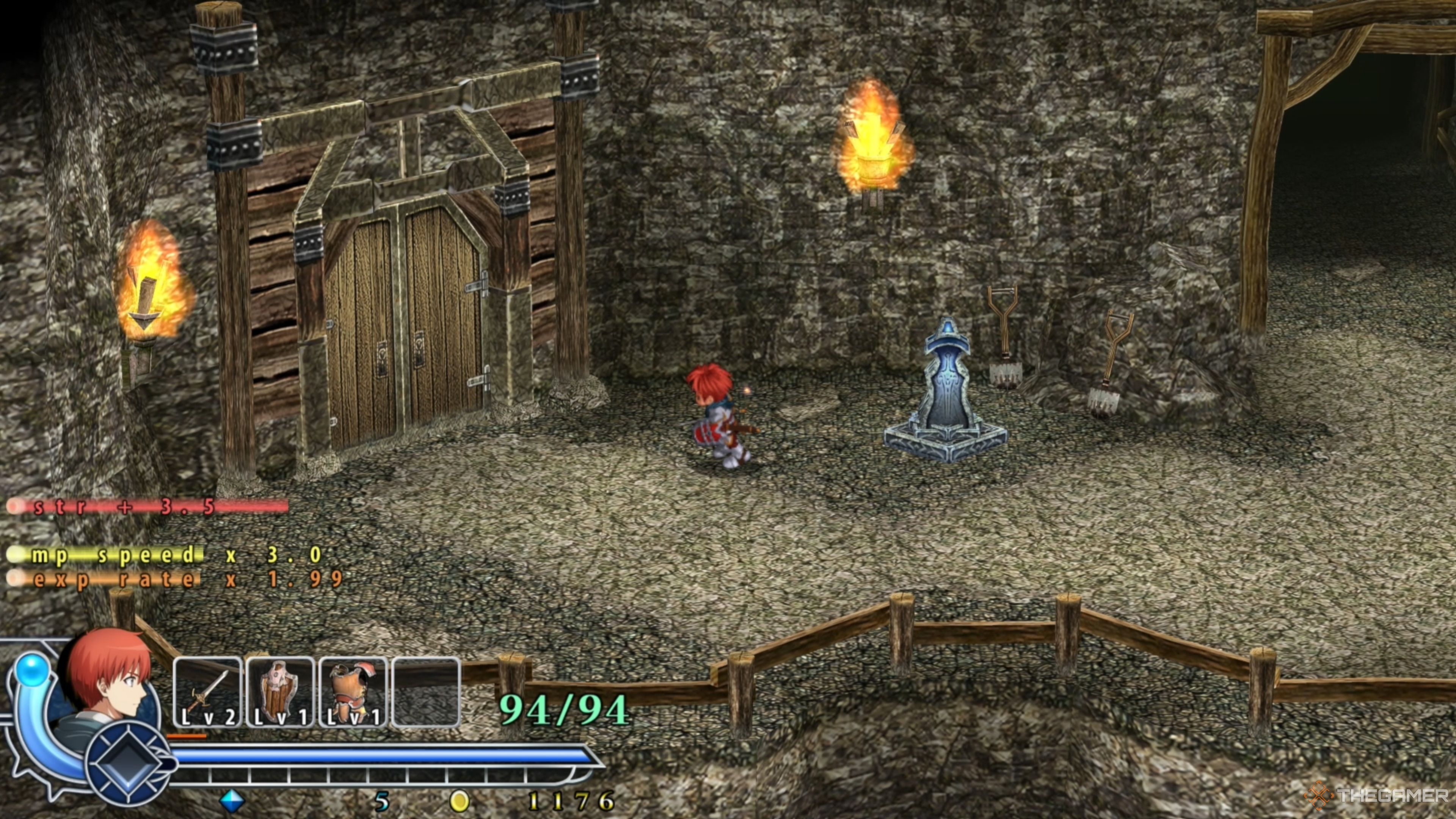 Adol approaching the locked Storehouse within the Tigray Quarry in Ys Memoire: The Oath in Felghana.