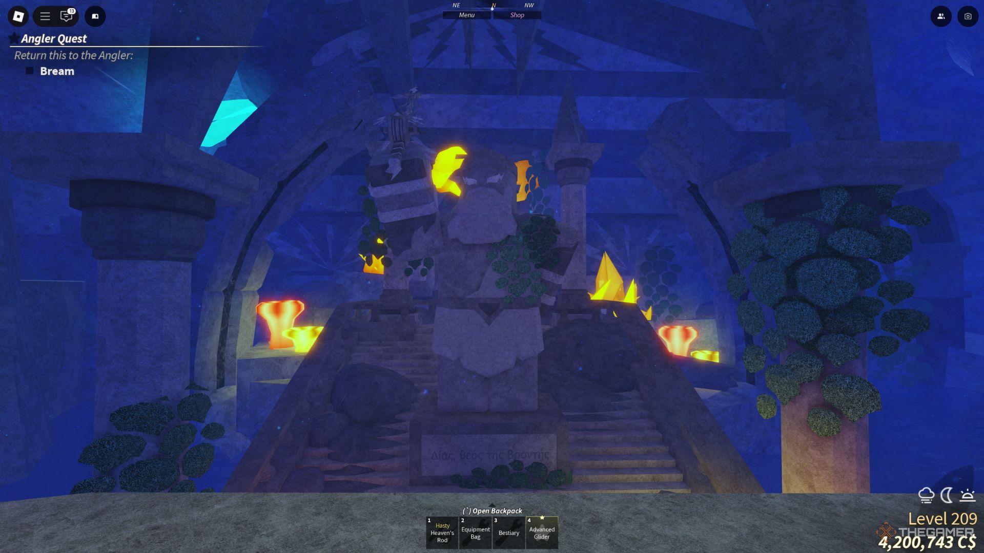 The player character shows the Zeus statue in the Atlantis location in Fisch.