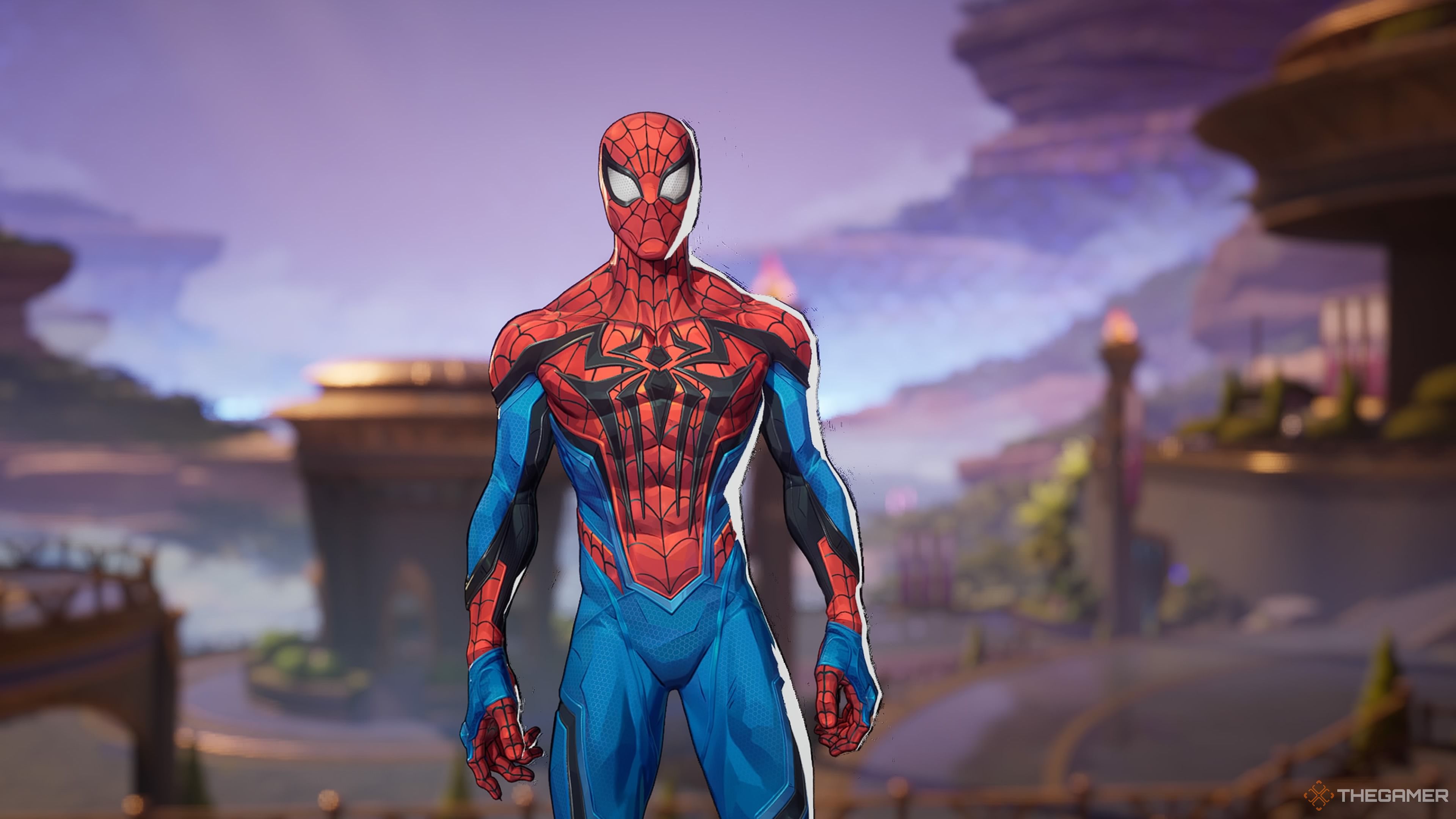 The image shows Spider-Man Standing in Marvel Rivals facing towards the camera. A cell-shaded/comic style is visible as the art and the background consists of mountains and golden buildings.