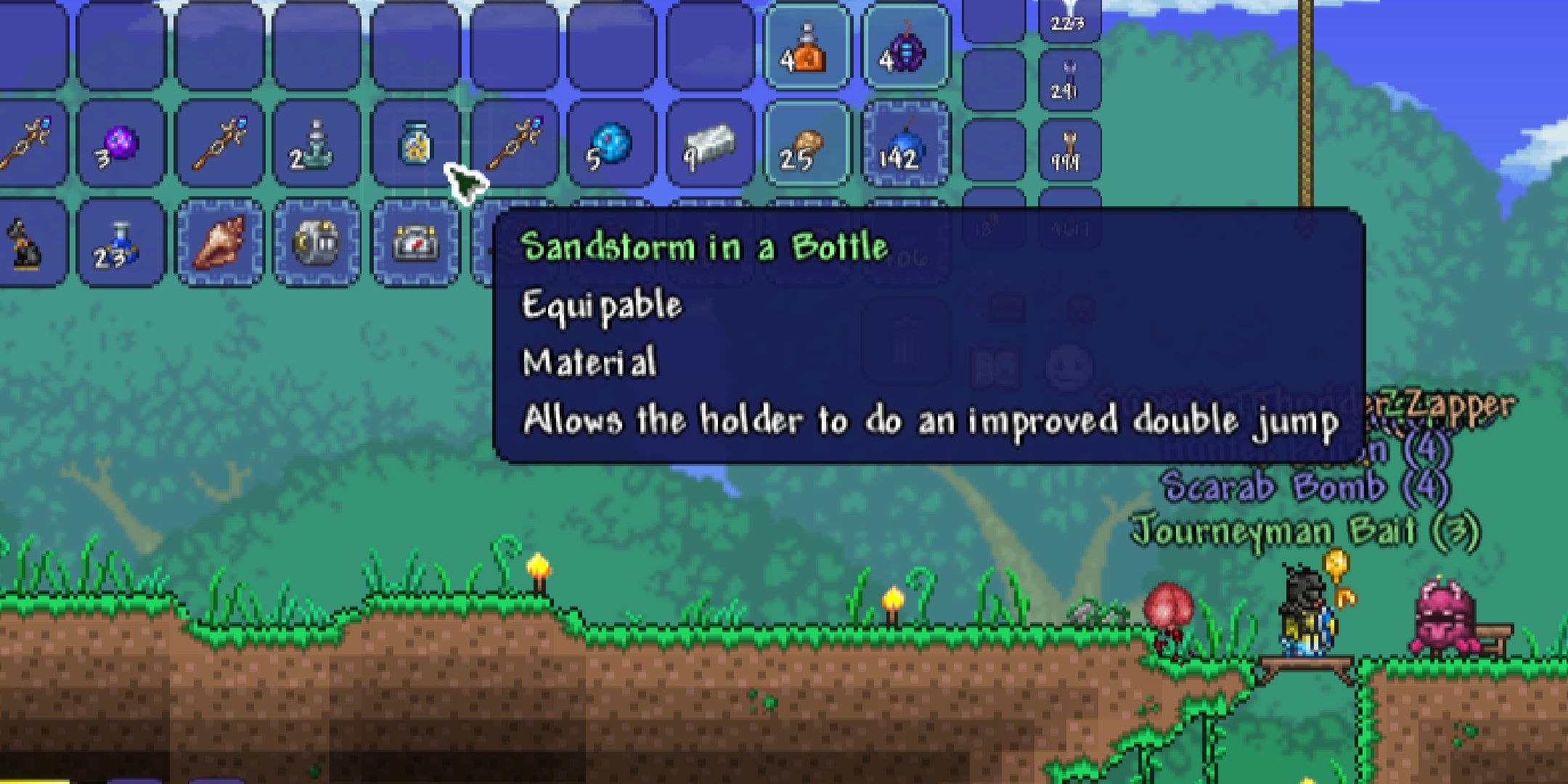 A player looking at Sandstorm in a Bottle in Terraria.