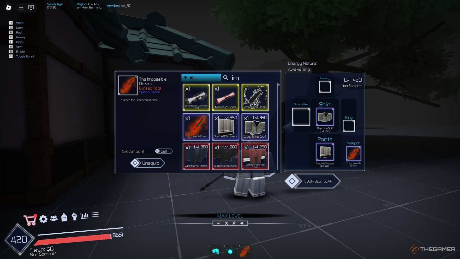 The player character shows The Impossible Dream weapon in his inventory in Jujutsu Infinite.