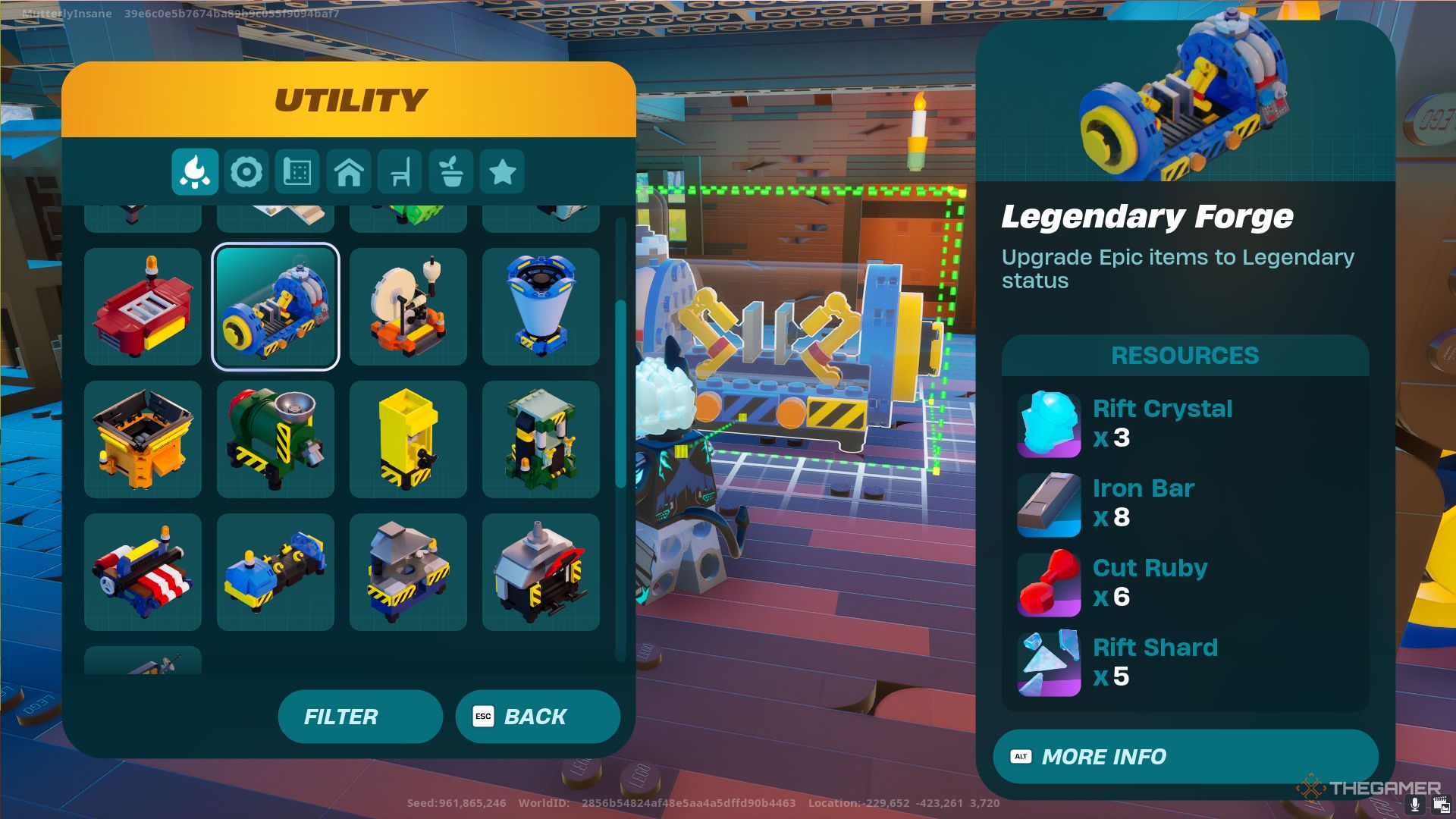 The Legendary Forge Crafting Menu in Lego Fortnite Odyssey.