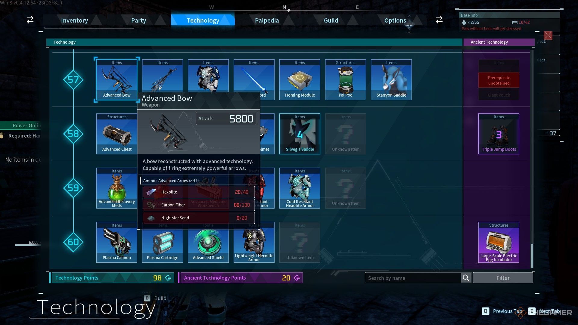 The image shows the Advanced Bow from the Technology menu in Palworld.