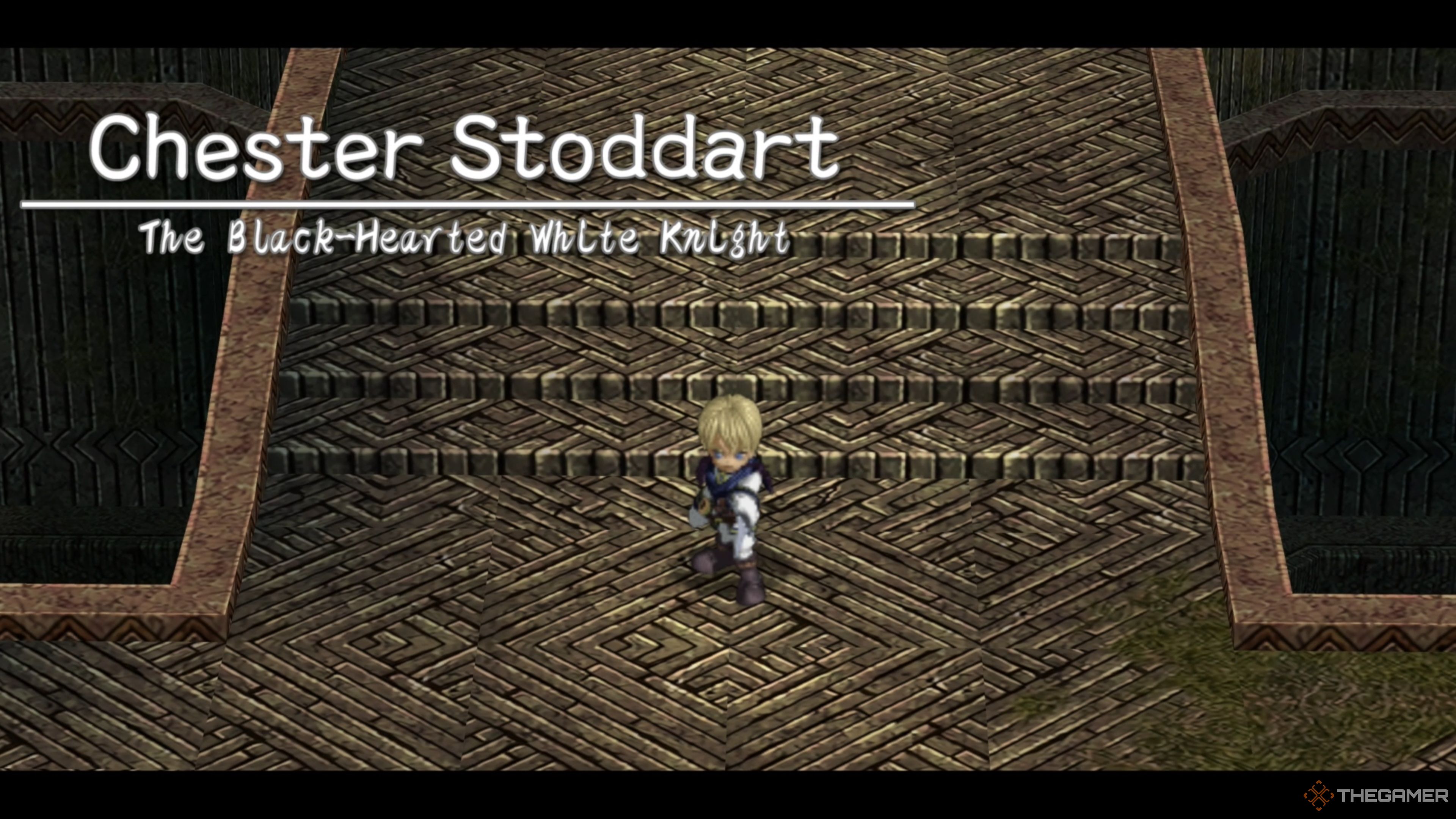 Chester Stoddart, the Black-Hearted White Knight, pointing his blade at Adol in Ys Memoire: The Oath in Felghana.