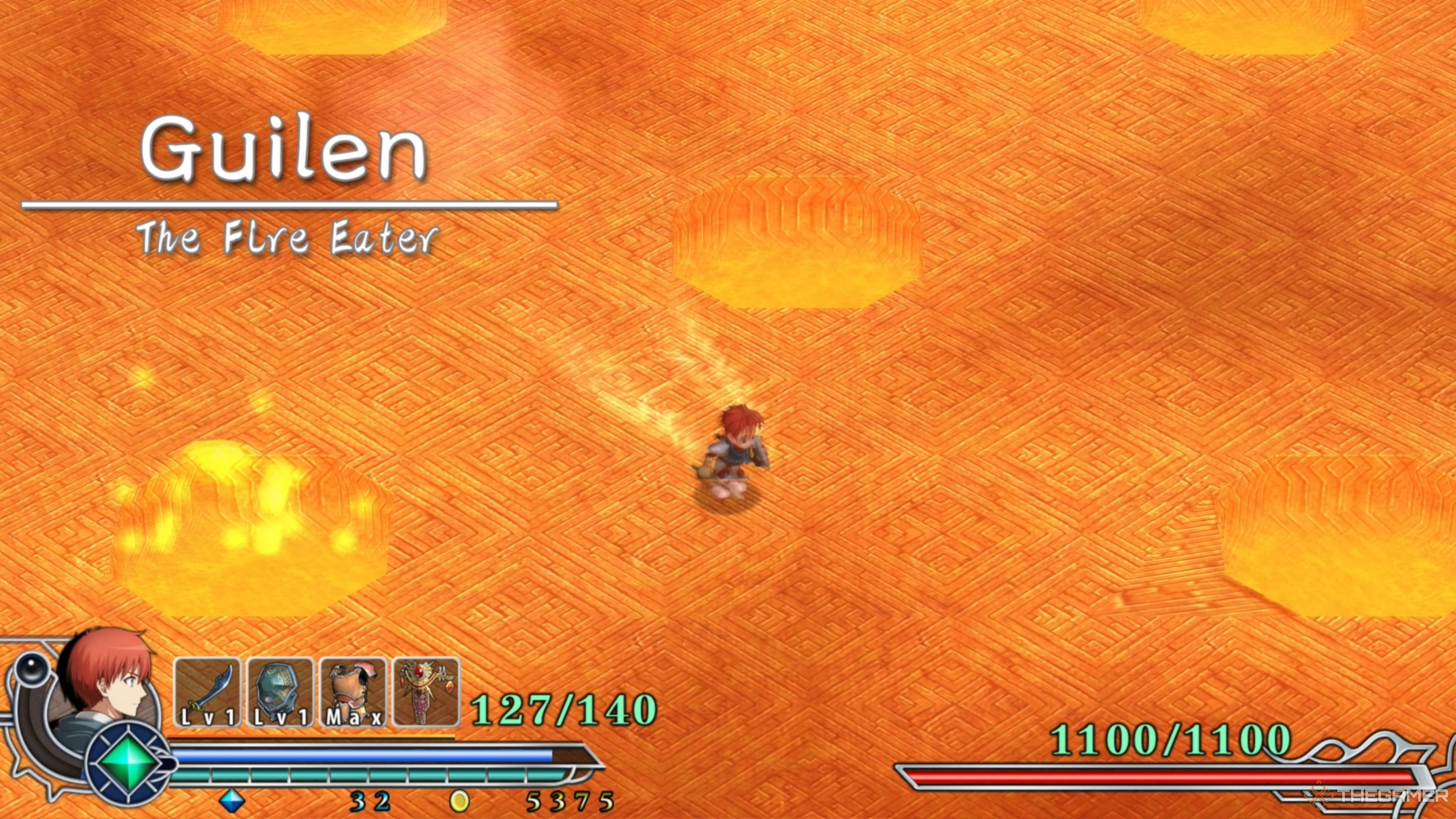 Adol running across a shallow pool of lava as the ground shakes beneath him, a sign that Guilen, the Fire Eater, is approaching in Ys Memoire: The Oath in Felghana.