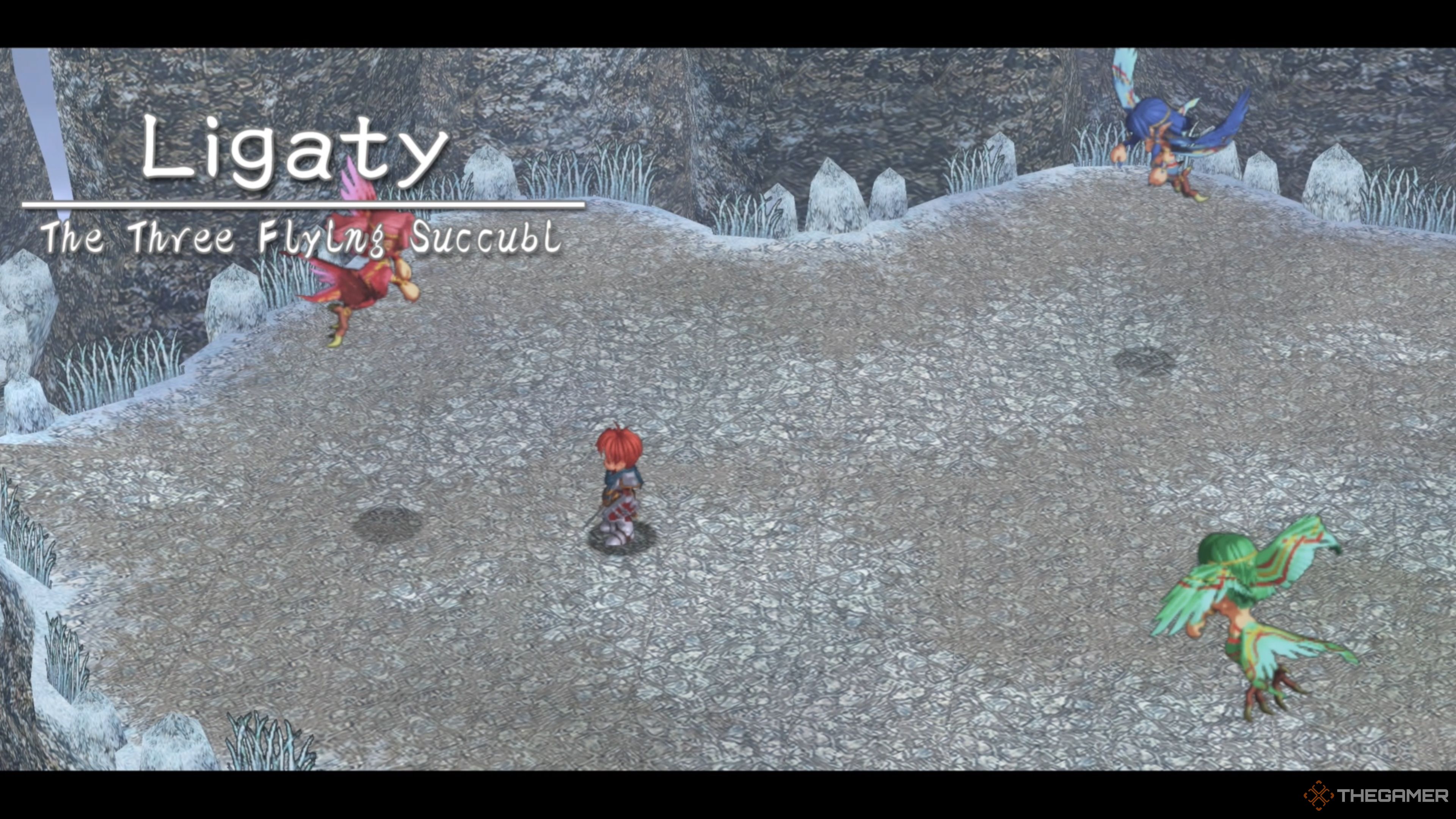 Adol approaching Ligaty, the Three Flying Succubi in Ys Memoire: The Oath in Felghana.