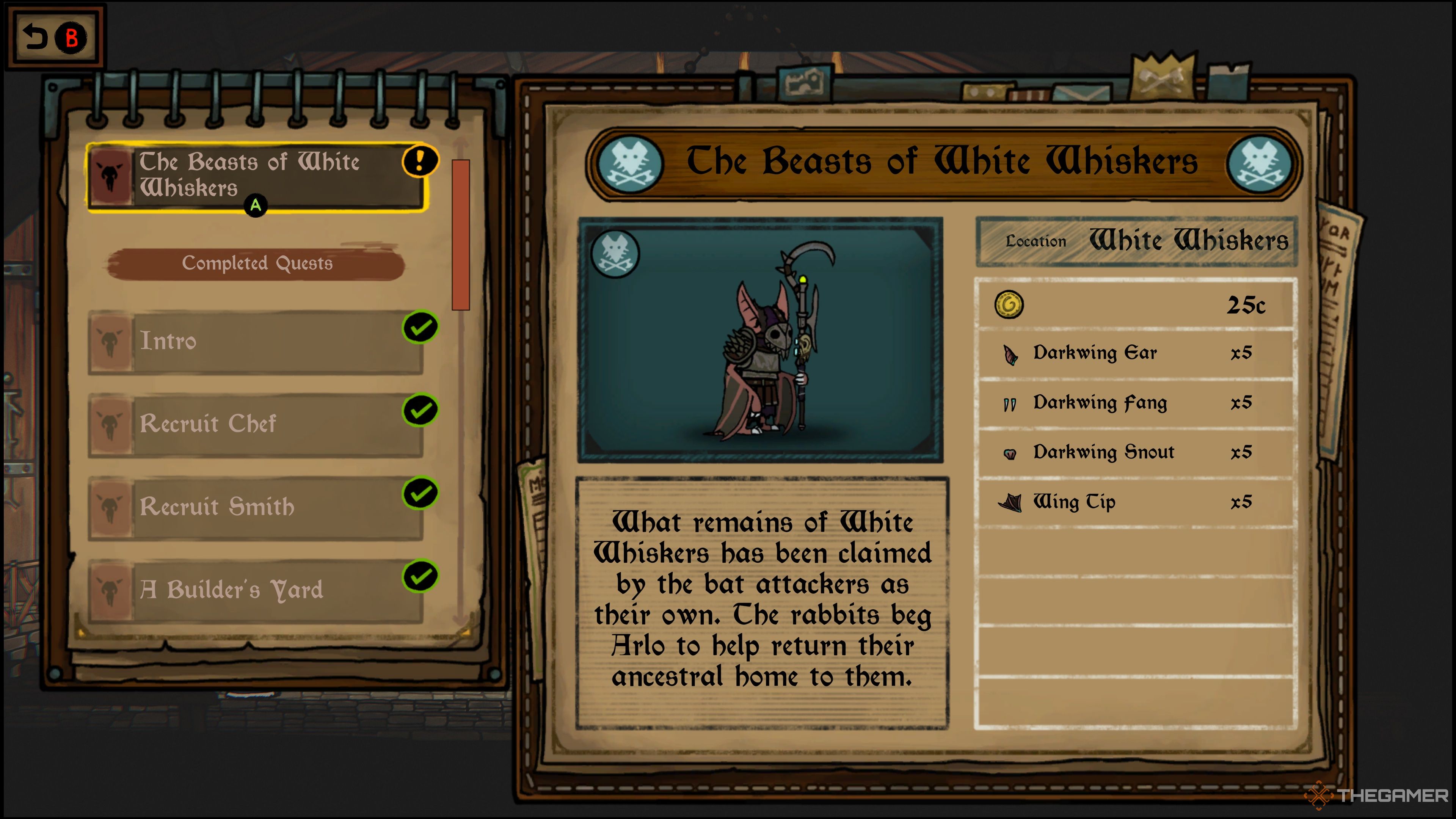 Arlo selects The Beasts Of White Whiskers Quest in Tails Of Iron 2: Whiskers Of Winter.