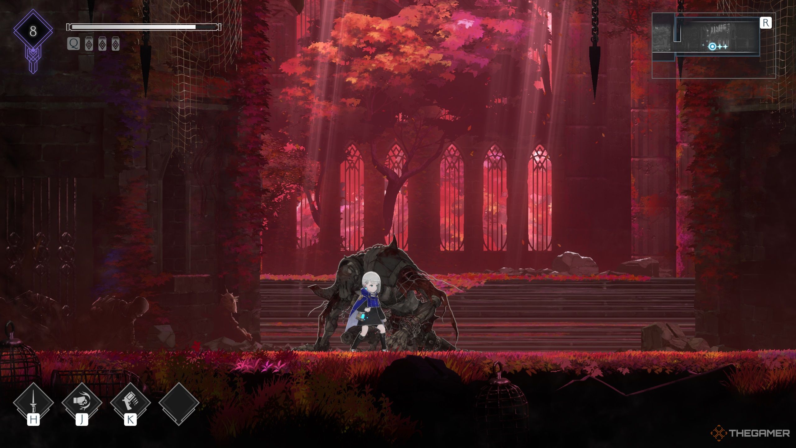 Player standing in front of the Shackled Beast boss after defeating it.