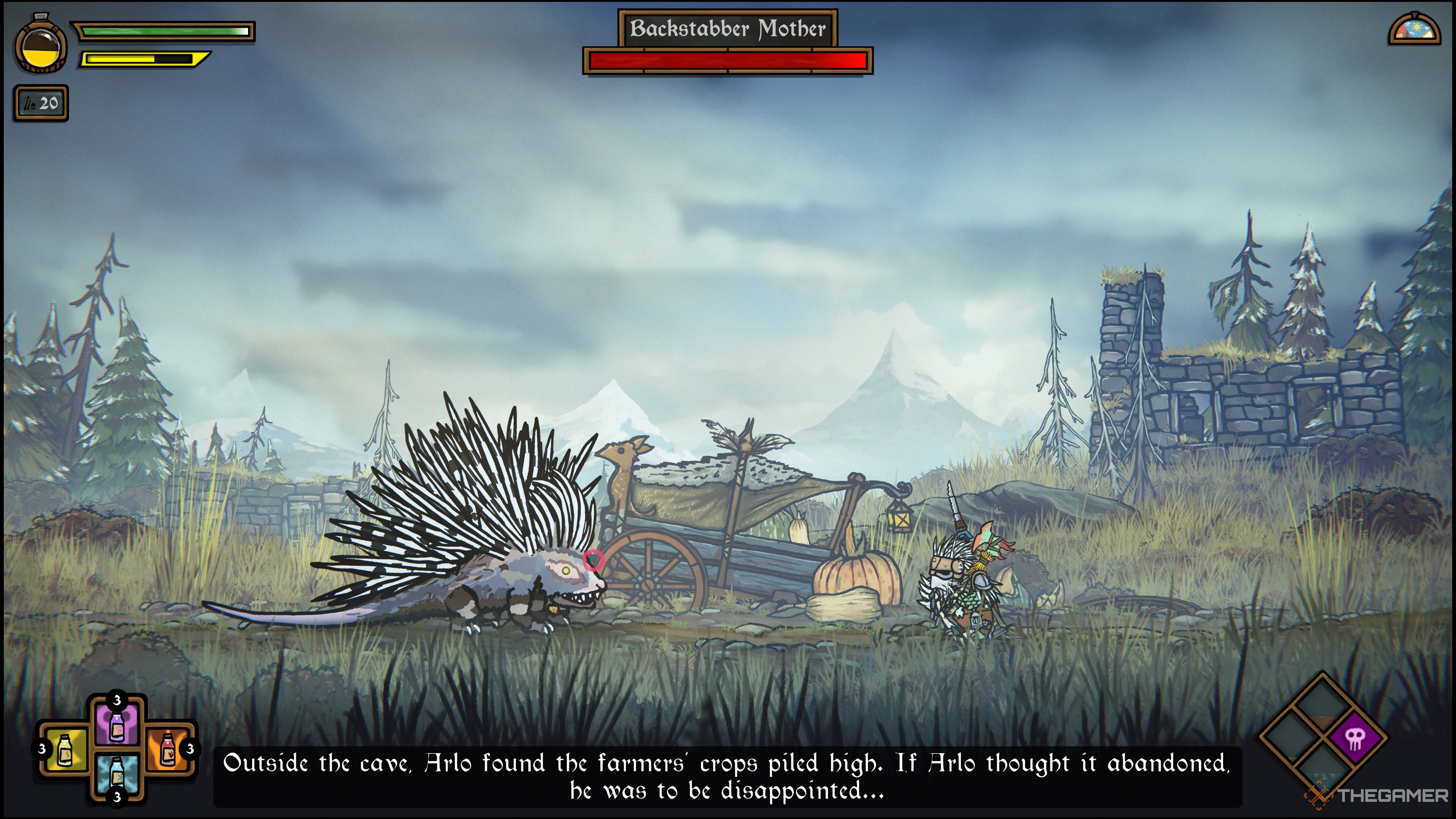 Arlo encounters the Backstabber Mother during Root Of The Problem in Tails Of Iron 2: Whiskers Of Winter.