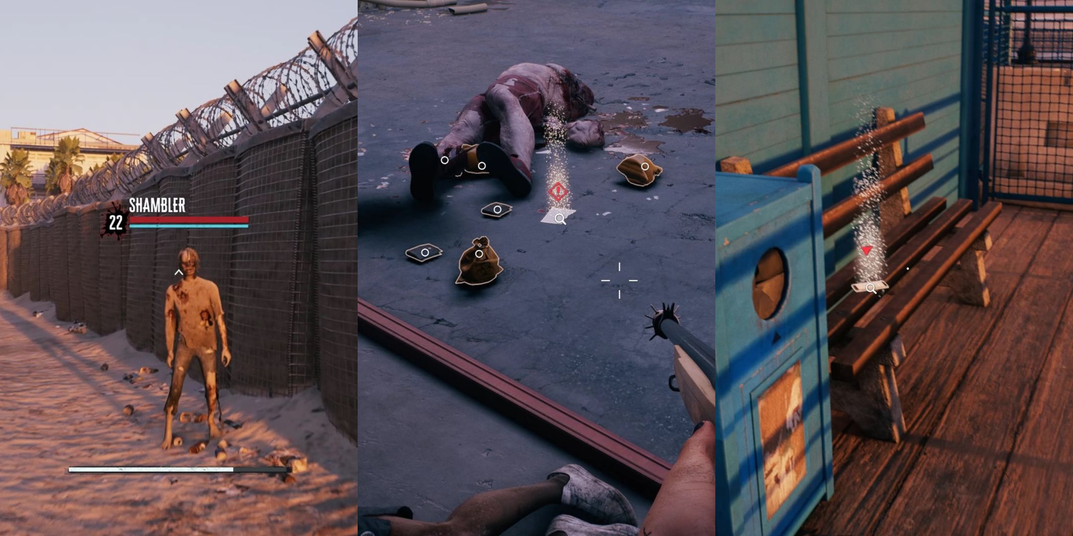 Left to right: A Shambler on the beach near a fence, Randy's dead body with a drop cell phone, a cell phone on the bench