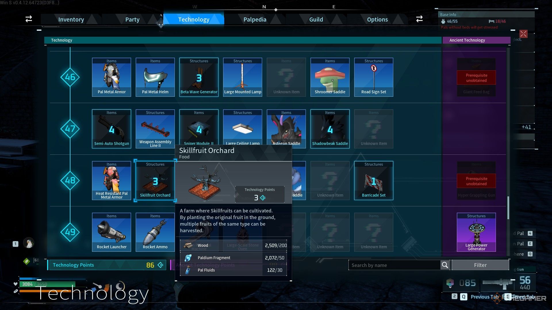 The image shows the Skillfruit Orchard in the Technology menu in Palworld.