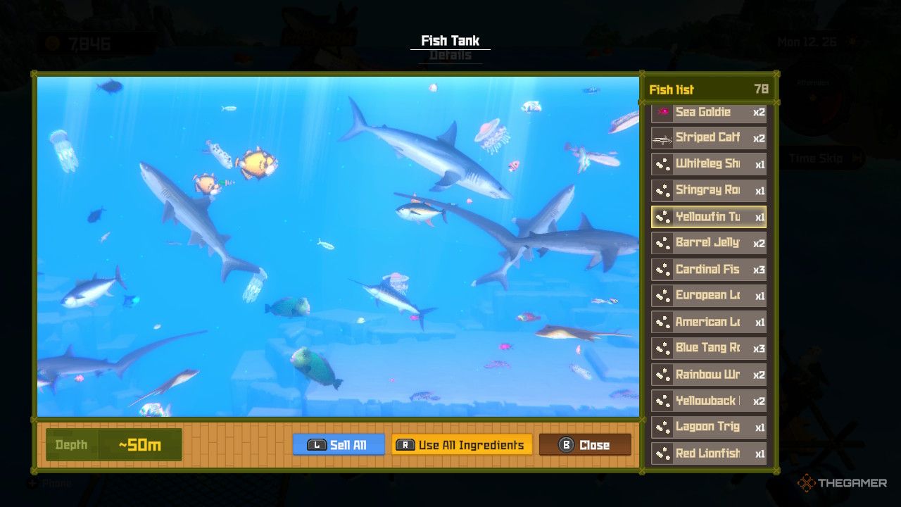 Dave The Diver 50m Fish Tank with Yellowfin Tuna Roe highlighted on the right of the screen while fish swim around the center.