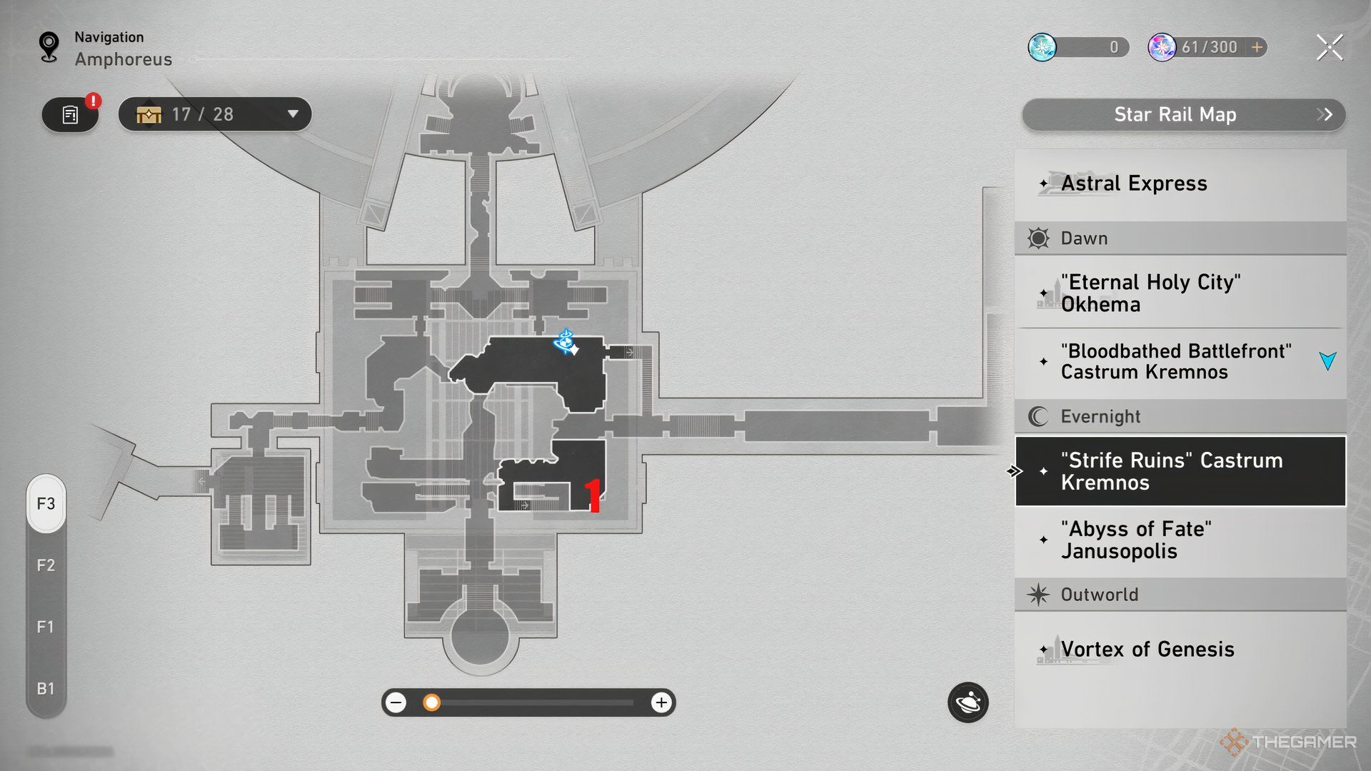 The chest locations for the F3 zone in the Strife Ruins Castrum Kremnos map in Honkai: Star Rail.