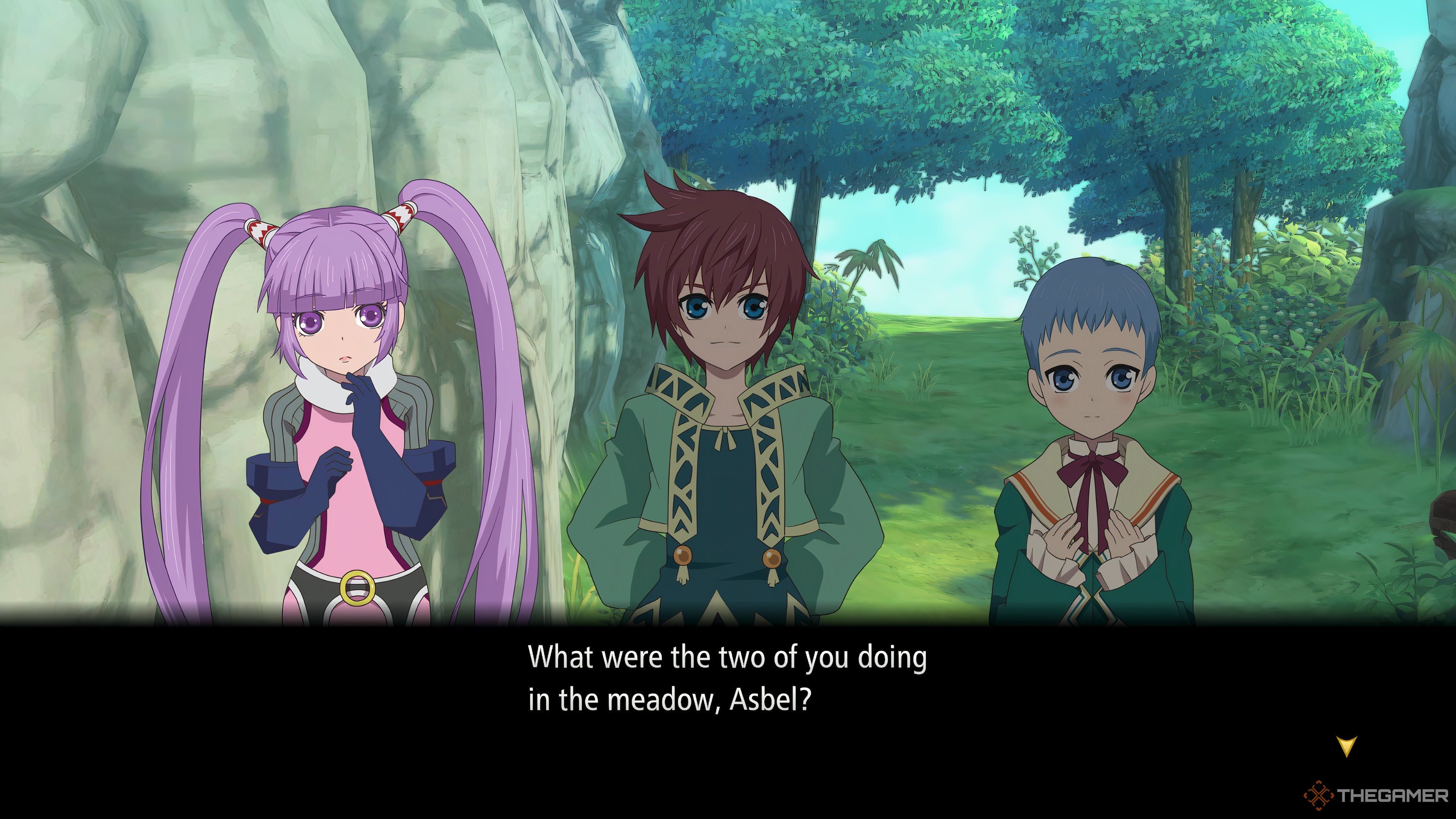 Young Asbel, Sophie, and Hubert having a conversation at Lhant Hill in Tales Of Graces F Remastered.