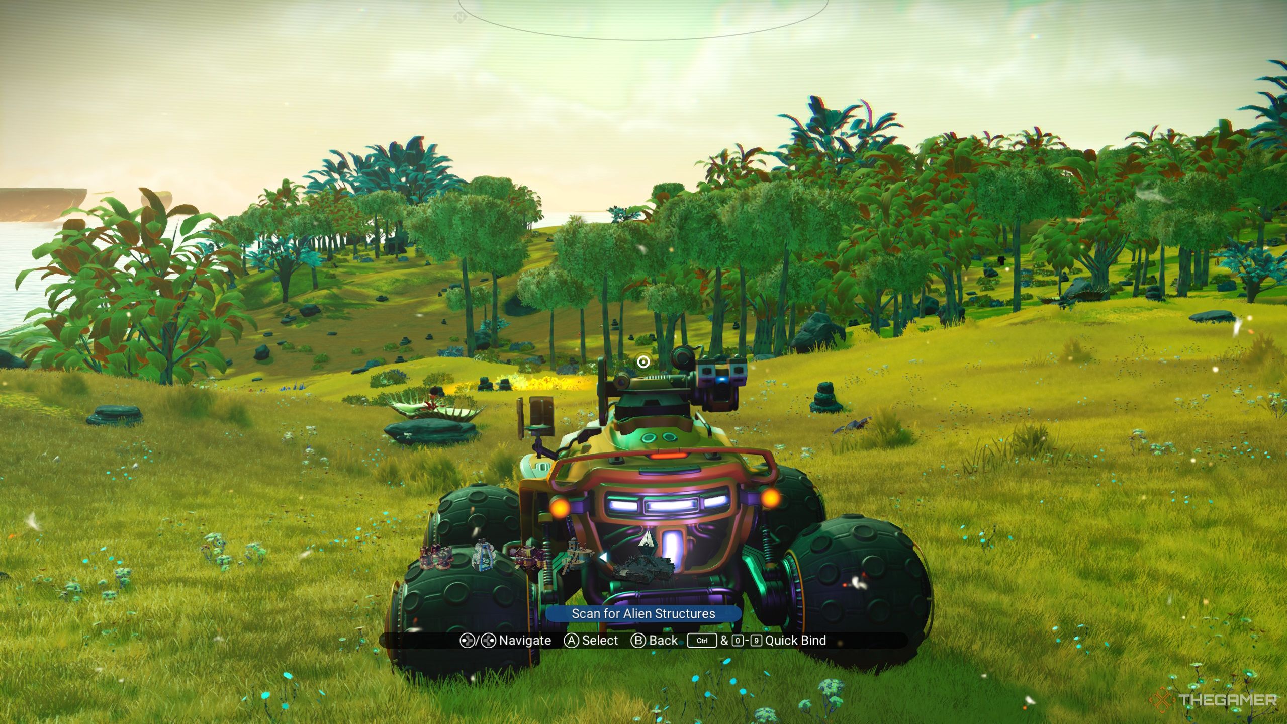 Using an Exocraft to scan for alien structures in No Man's Sky.