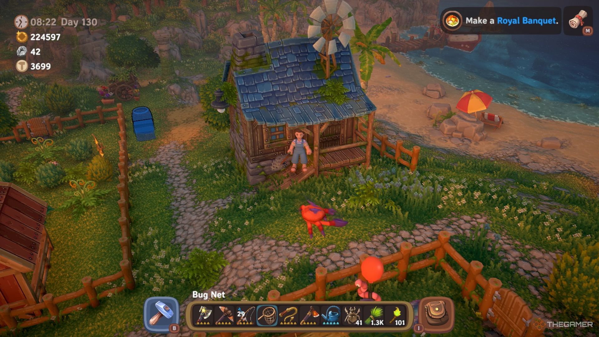 Player character standing in front of a placed Cottage home on their Farm in Luma Island.