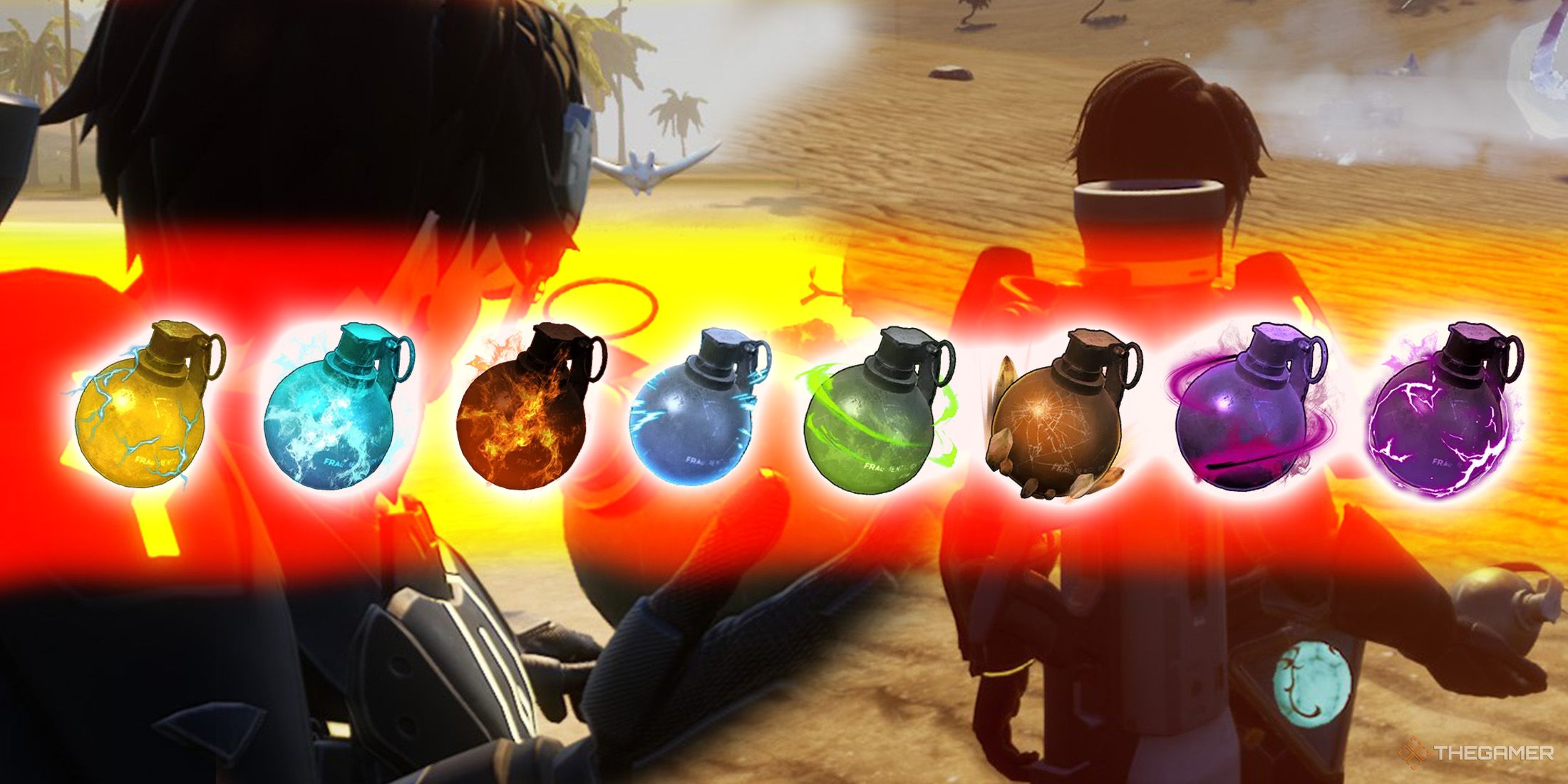 All elemental grenades are lined up next to each other while the character carries one grenade in the background in Palworld