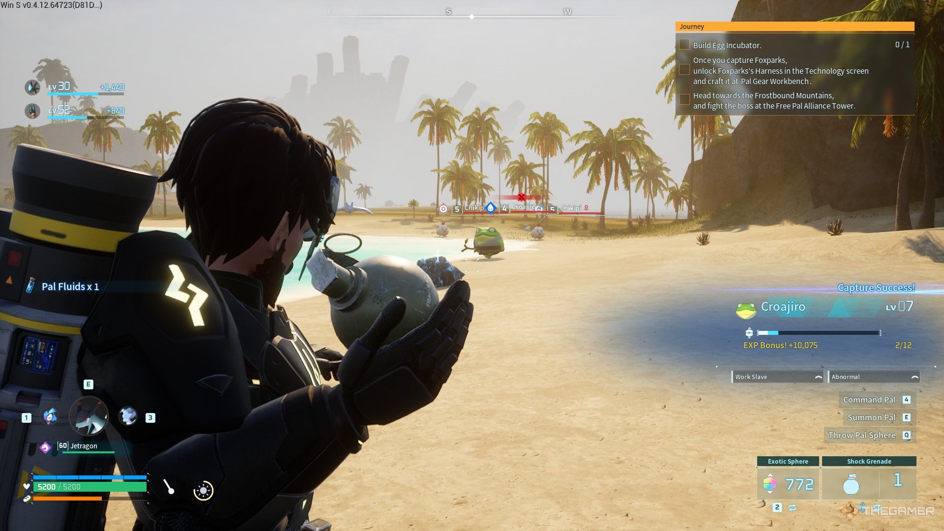 The player holds a shock grenade and planning to throw it in Palworld.