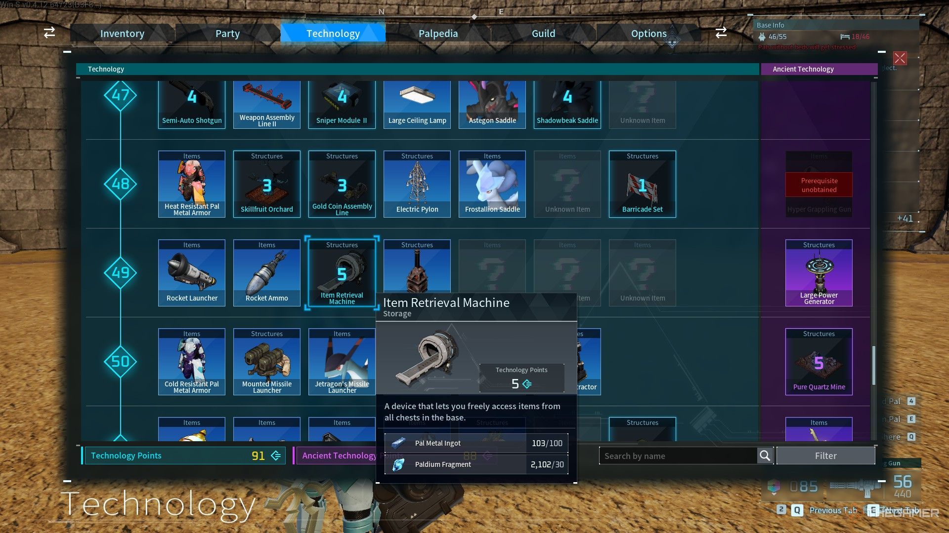 The image shows the Item Retrieval Machine in the Technology menu in Palworld.