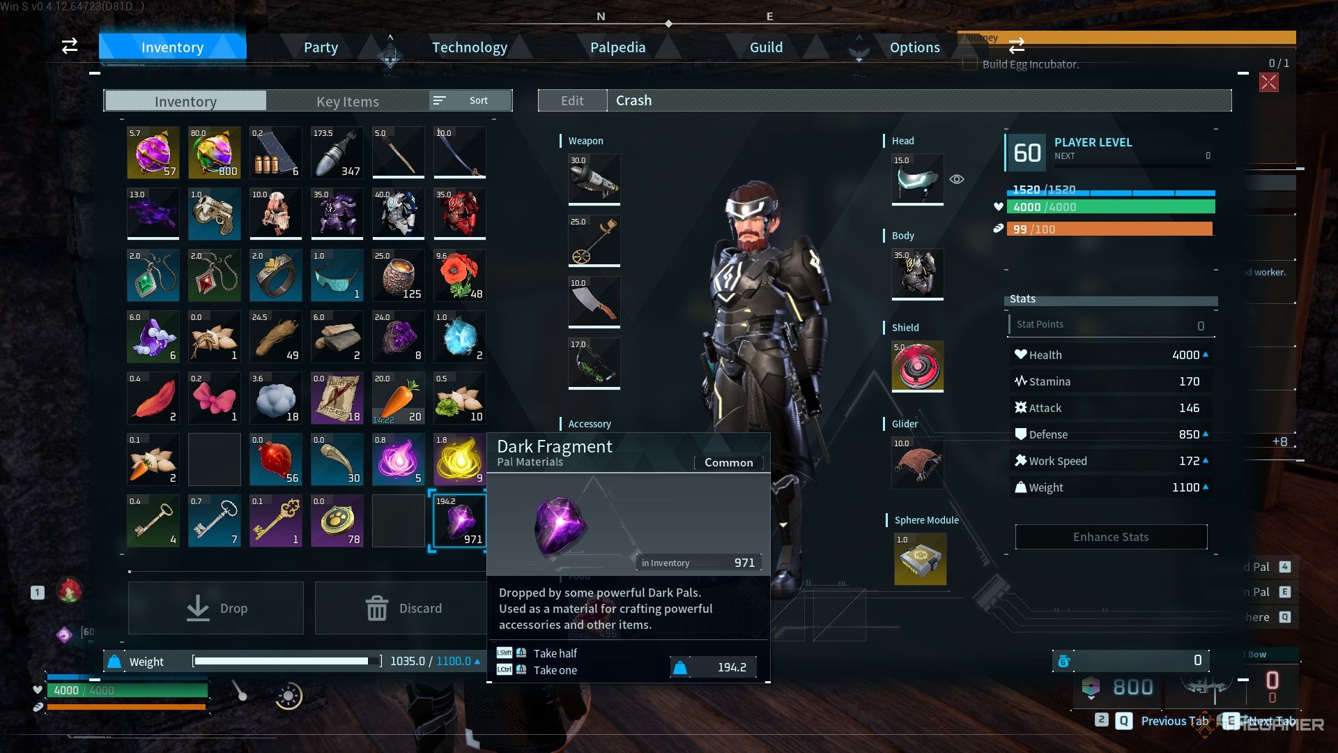 The player is checking the Dark Fragments on his inventory in Palworld.