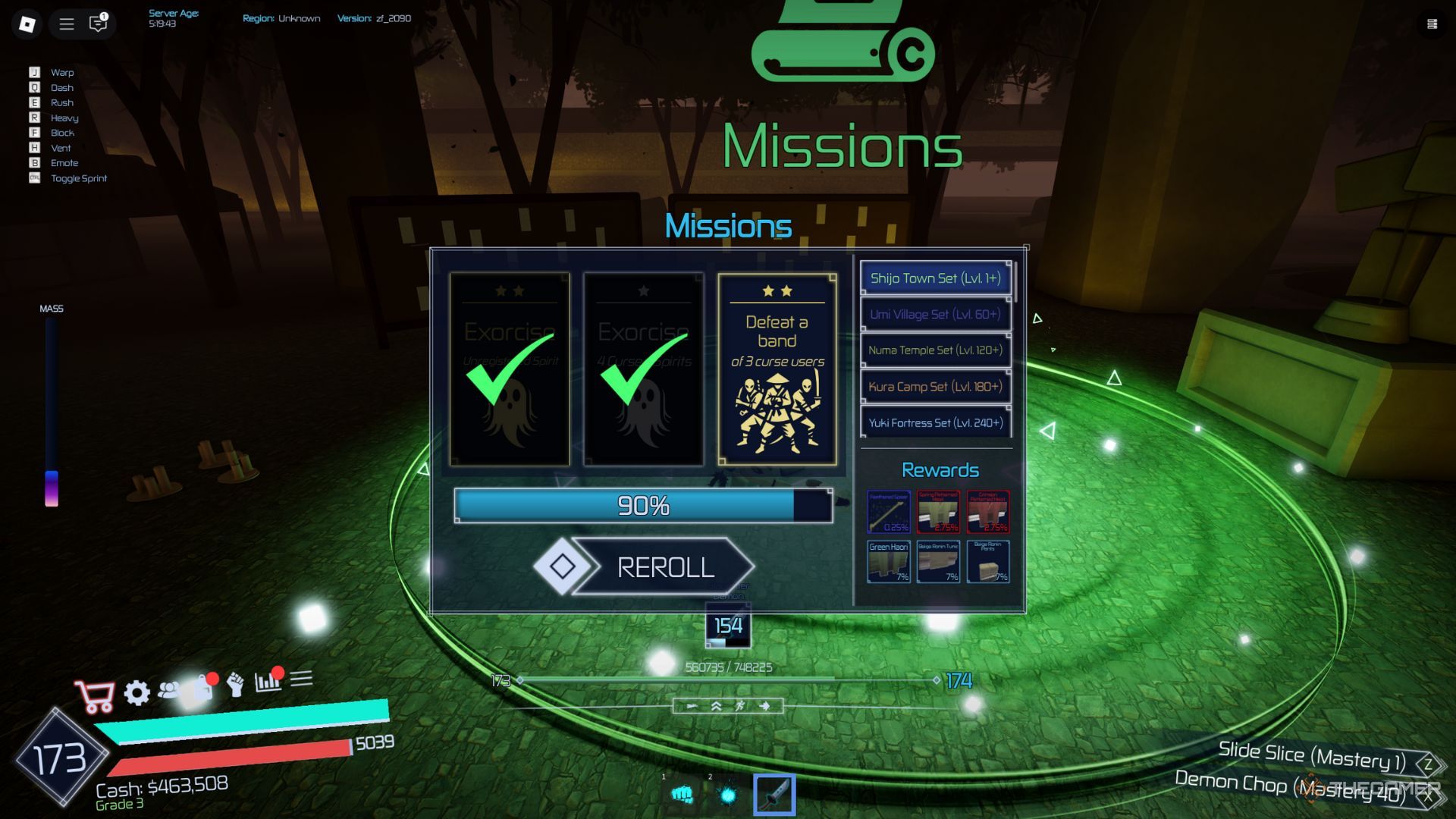 The player character shows a mission list in the main lobby in Jujutsu Infinite.