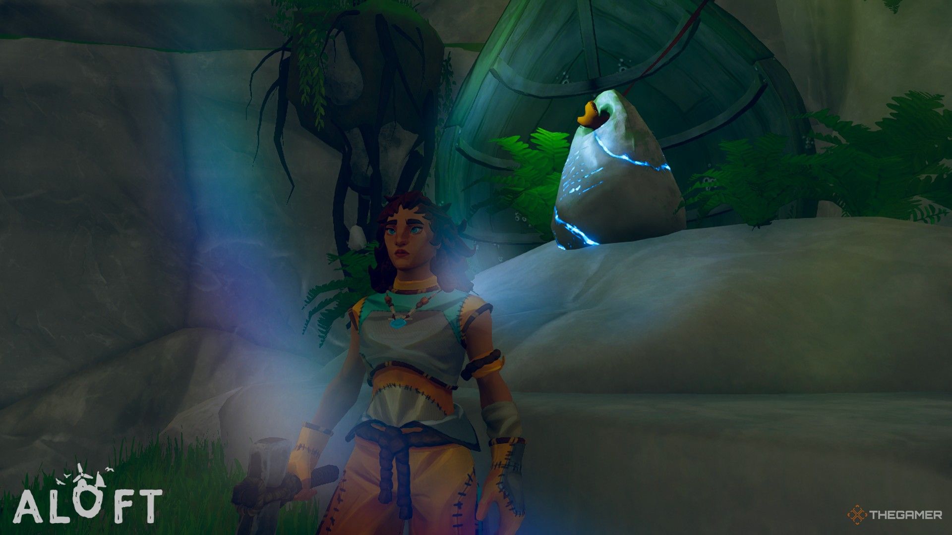 A character standing near the first knowledge stone in the starting cave in Aloft.