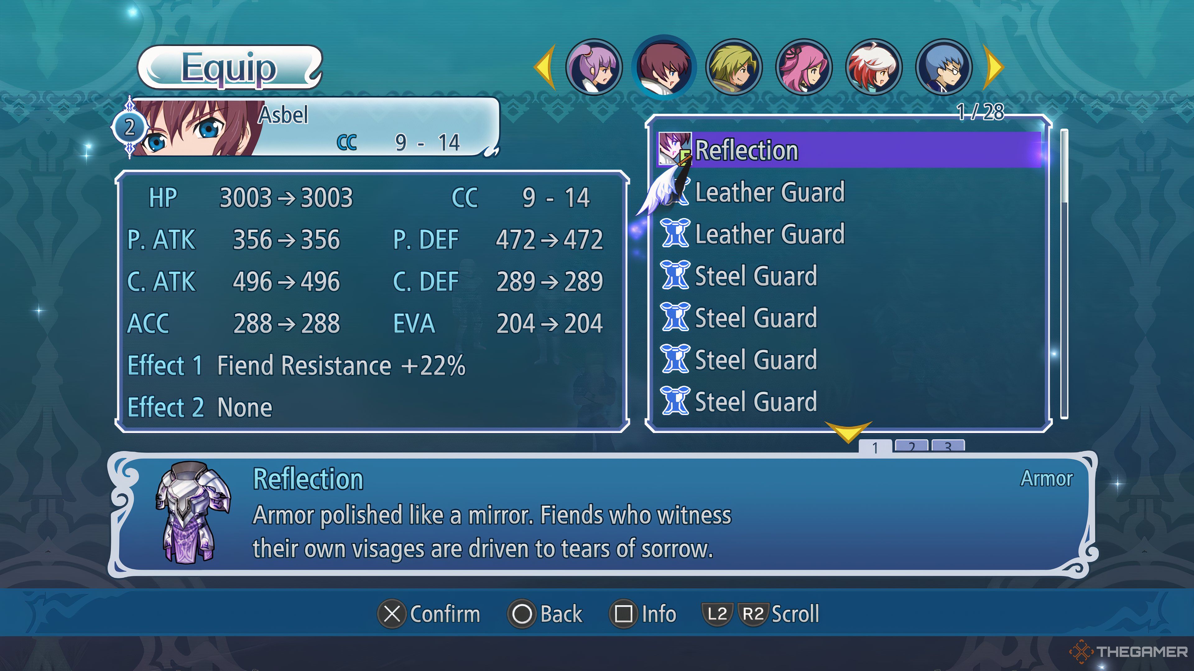 Equip menu for Asbel showing his equipped armor, Reflection, and other choices in a list in Tales Of Graces F Remastered.