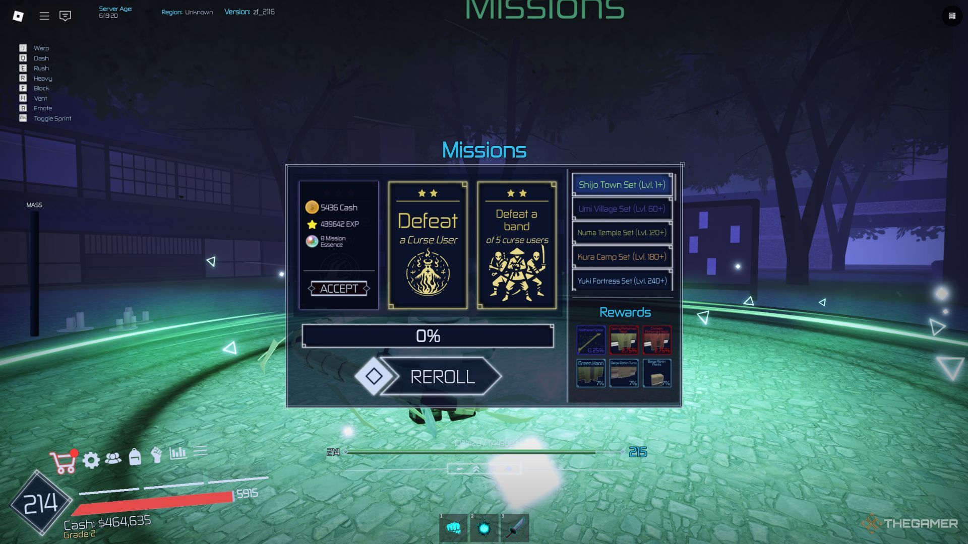 The player character shows a mission list in the main lobby in Jujutsu Infinite.