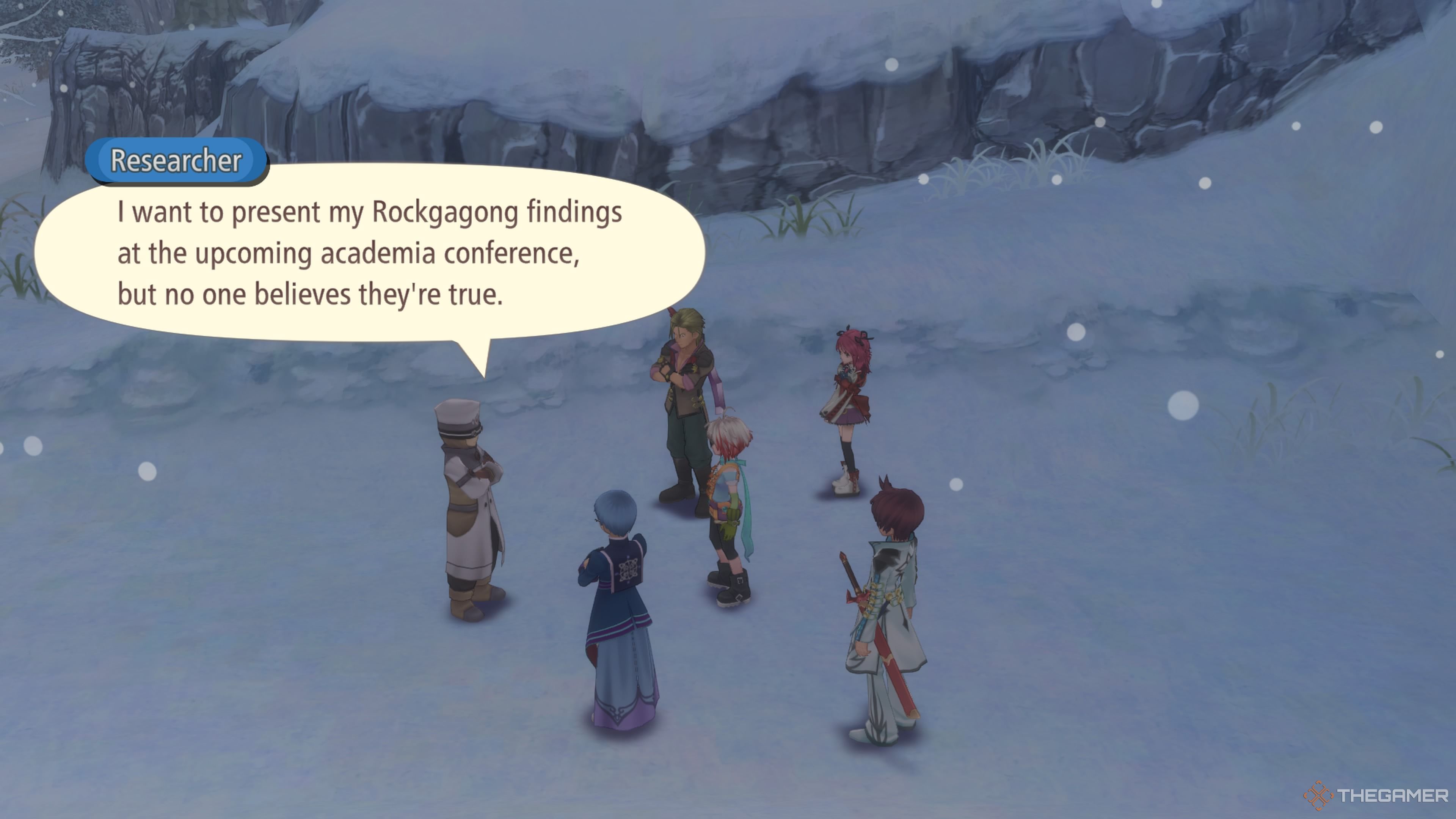 Asbel and his friends speaking to a Researcher who wants some Rockagong Fur in Tales Of Graces F Remastered.