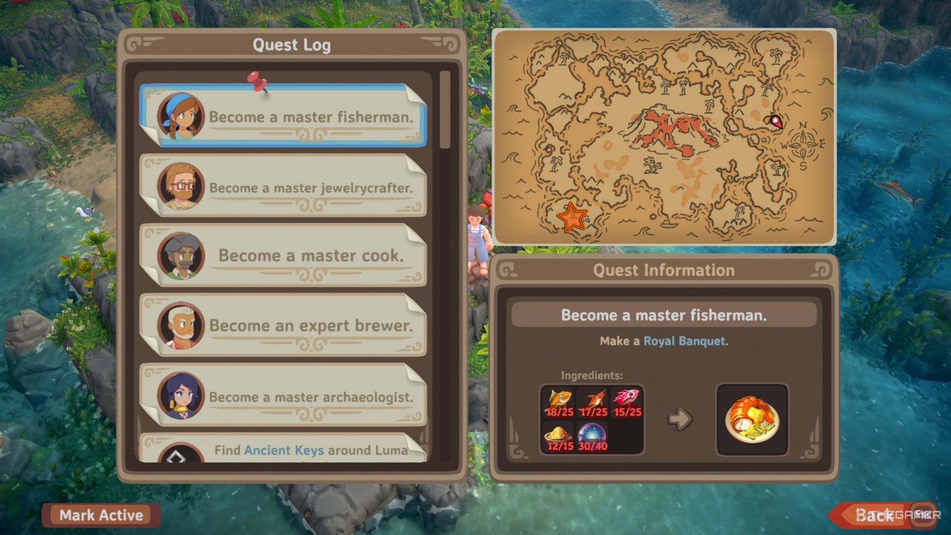 Menu view with quests on the left and a map of the Jungle on the right with an orange star in the bottom left corner in Luma Island.